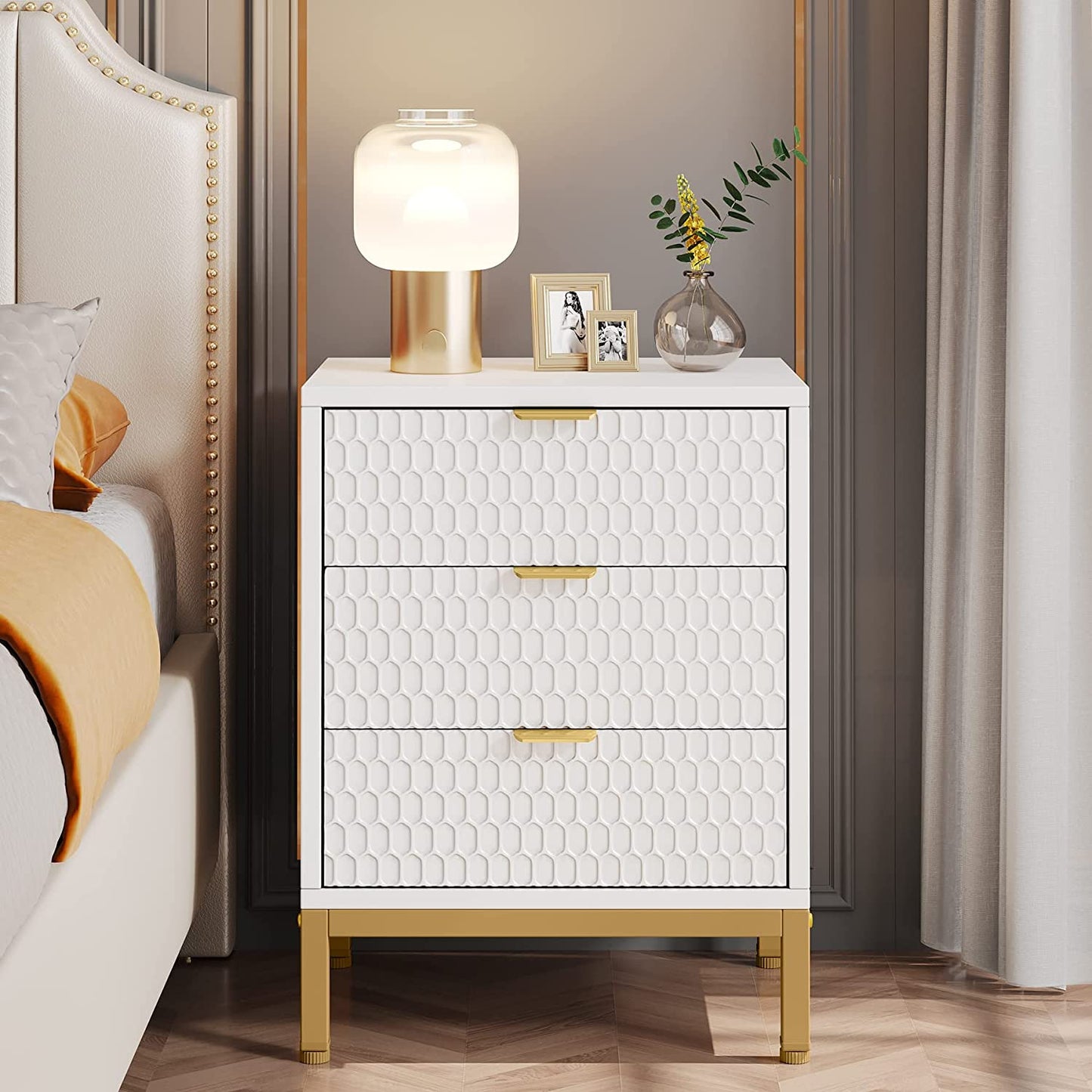 Comodino Set di 2, 3 cassetti alto comodino con stoccaggio, moderno elegante tavolino per camera da letto, Tribesigns, 3
