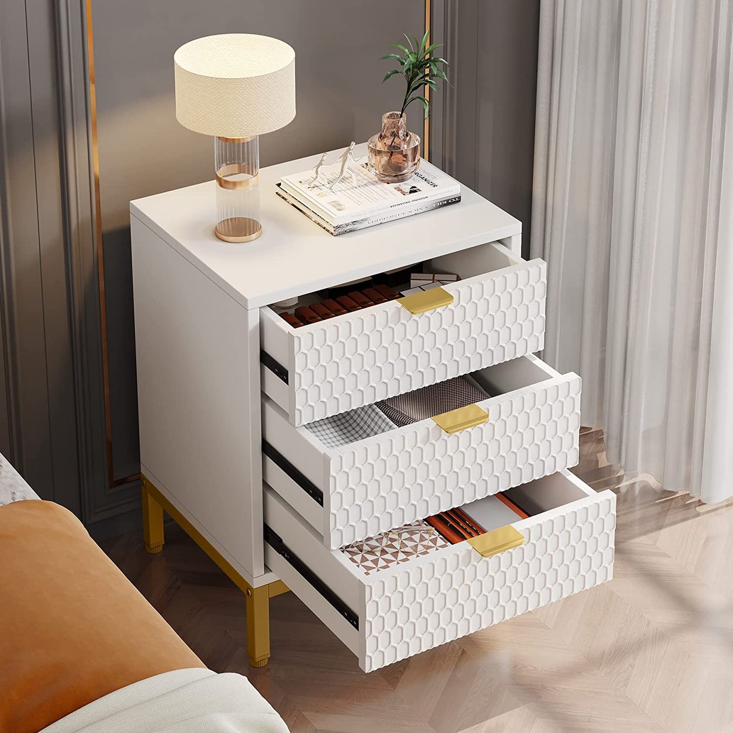 Comodino Set di 2, 3 cassetti alto comodino con stoccaggio, moderno elegante tavolino per camera da letto, Tribesigns, 4