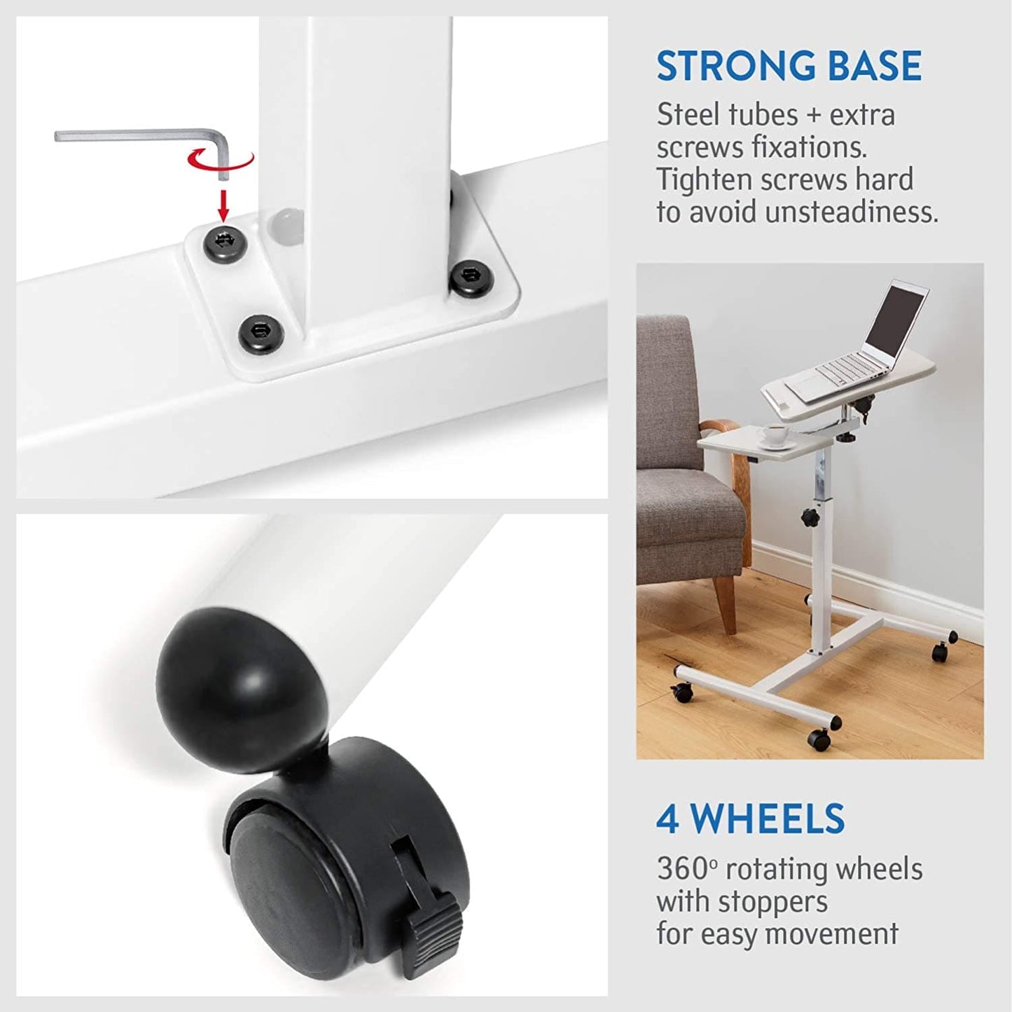 Tatkraft Bianca - Carrello porta pc con ruote, 4 ruote (2 con freni), Base solida