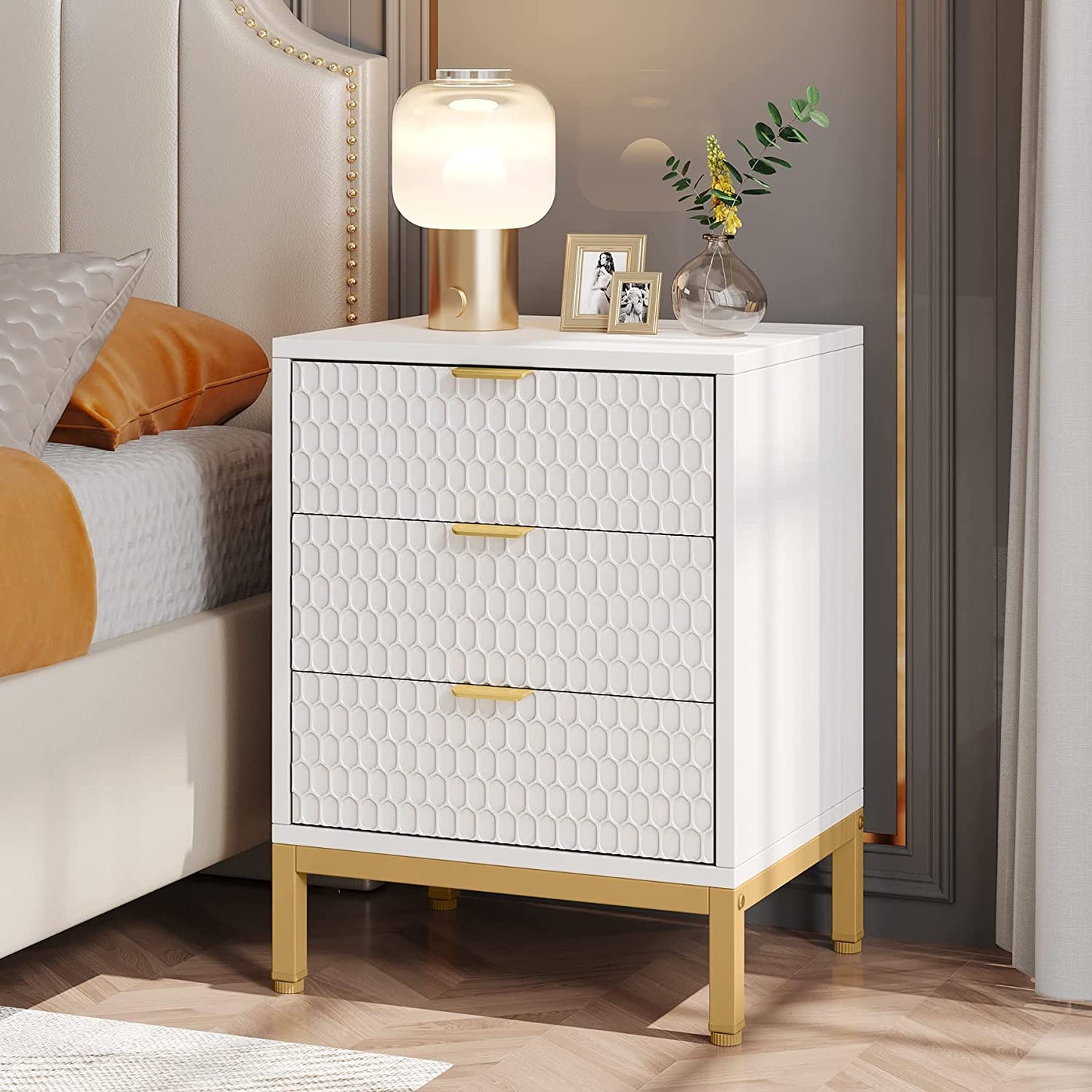 Comodino Set di 2, 3 cassetti alto comodino con stoccaggio, moderno elegante tavolino per camera da letto, Tribesigns, 2