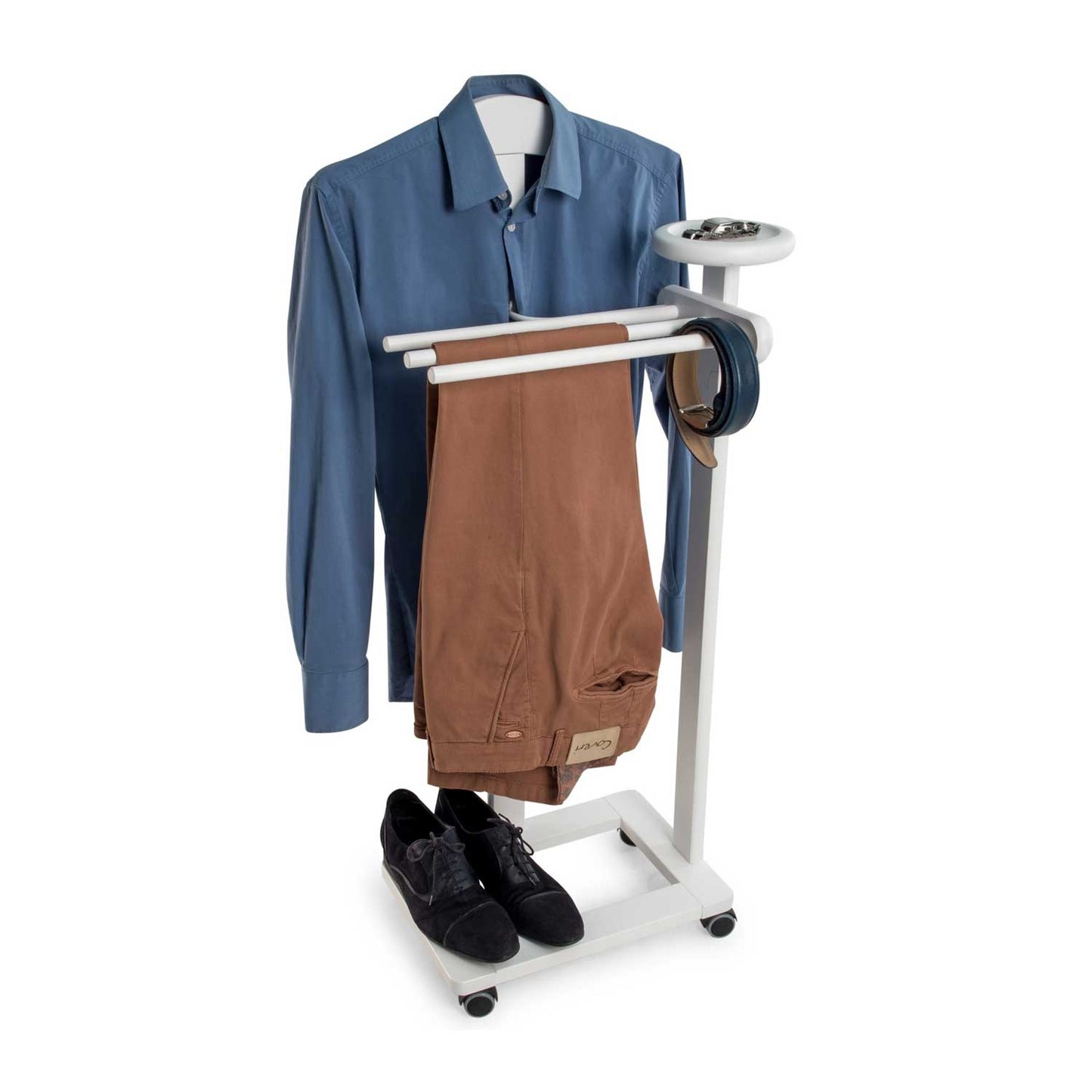 Servomuto, Indossatore ANTIMO, Composto da 1 gruccia, 3 portapantaloni e ripiano portaoggetti, Colore bianco laccato, ARIT, 1