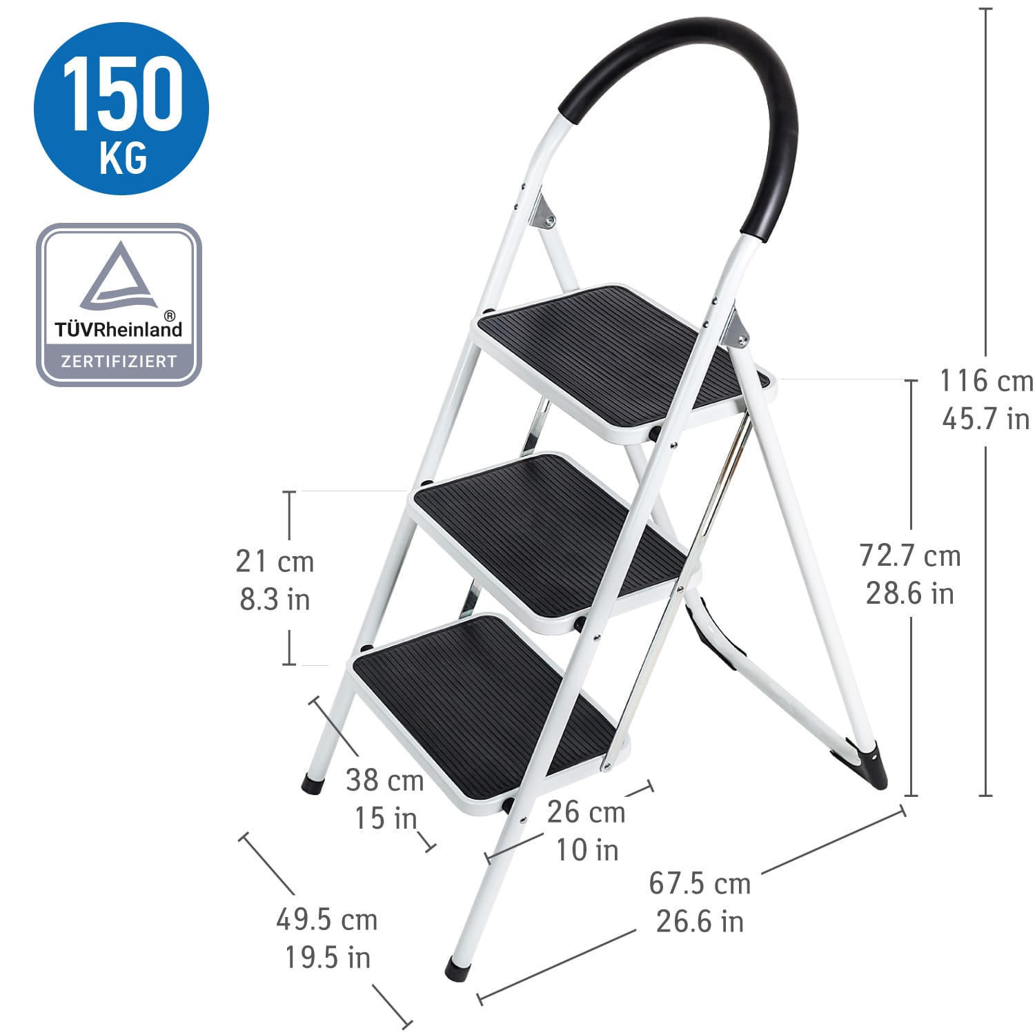 Scaletta 3 gradini, Dimensioni: 45,5L × 110H × 73,5P cm, peso: 5,9 kg, WonderWorker Bold