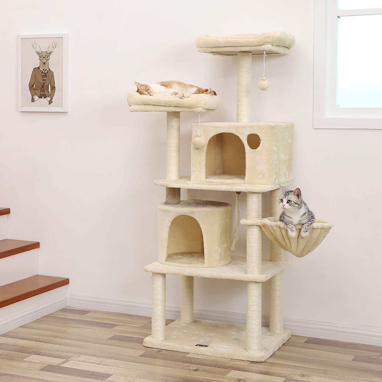 L’albero per gatti, Lo stile beige, moderno, con Cestini e 2 Cucce, FEANDREA