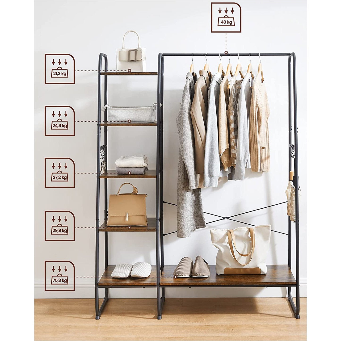 Stand Appendiabiti, Appendiabiti da Terra, Stabile e Robusto, 5 livelli, Guardaroba con deposito per scarpe, VASAGLE, 8