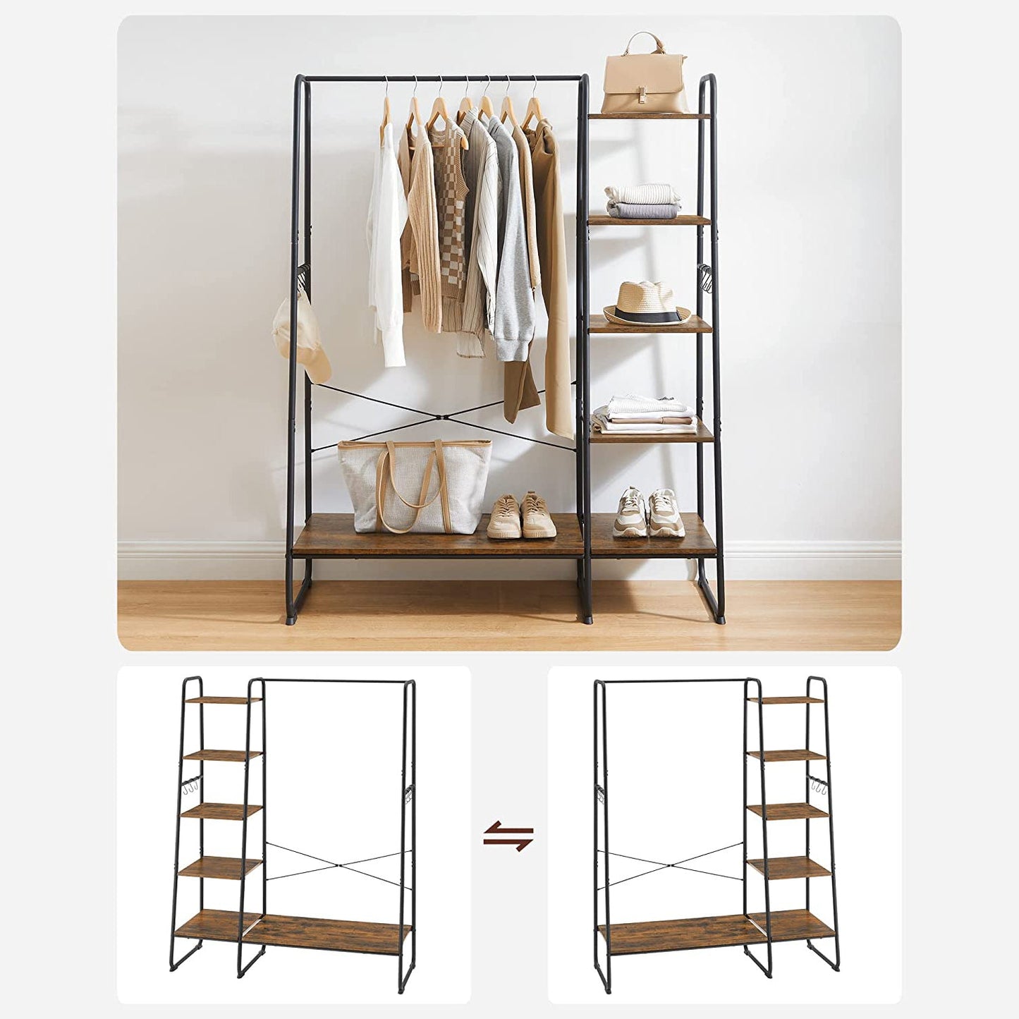 Stand Appendiabiti, Appendiabiti da Terra, Stabile e Robusto, 5 livelli, Guardaroba con deposito per scarpe, VASAGLE, 3