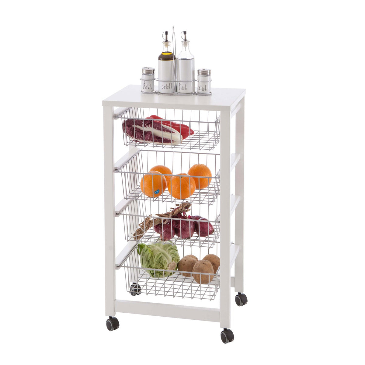 Carrello cucina, carrello cucina legno, carrello cucina salvaspazio, 4 cestelli scorrevoli, bianco, GINGERONE