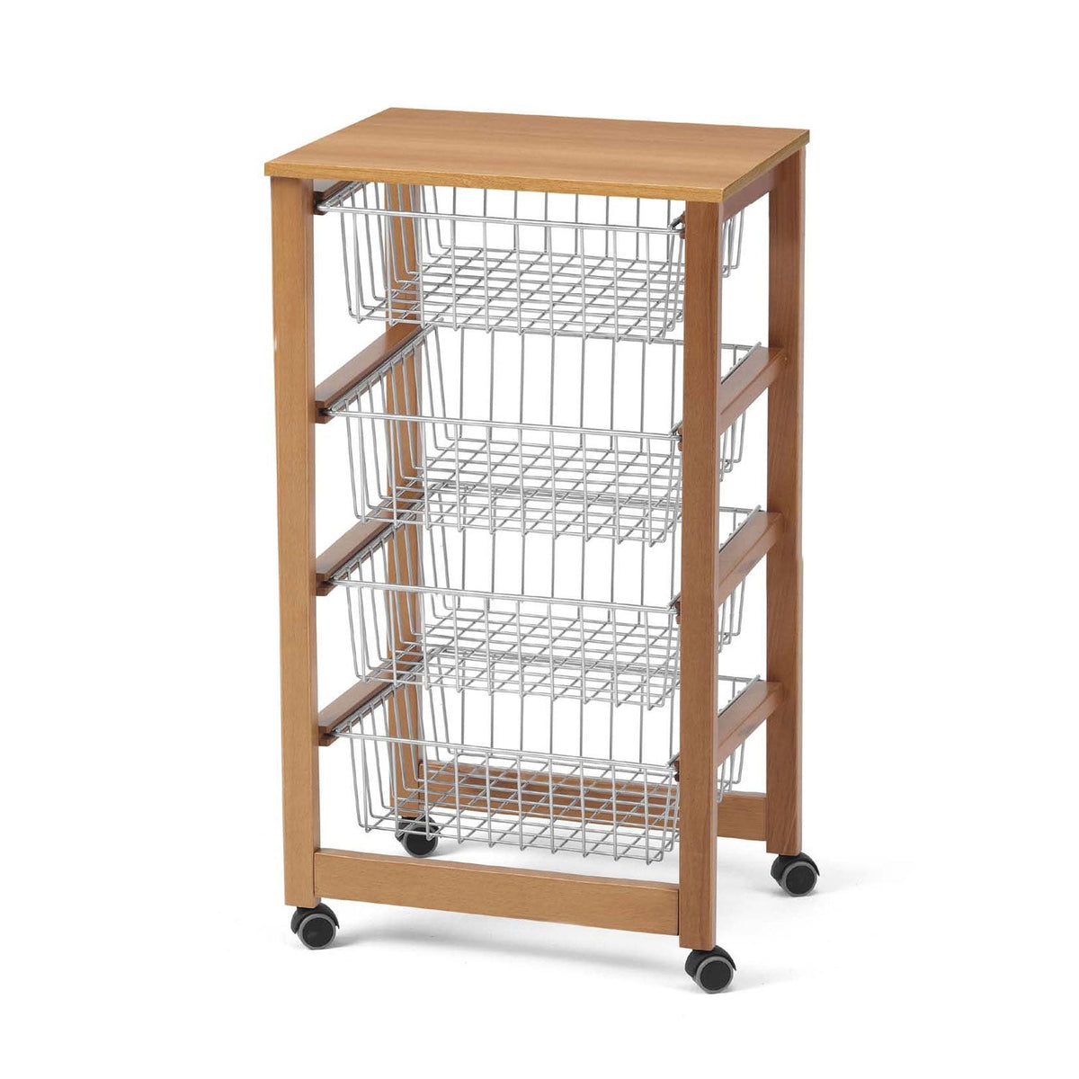 GINGERONE, Carrello cucina, carrello cucina legno, 4 cestelli scorrevoli, carrello cucina salvaspazio, ciliegio