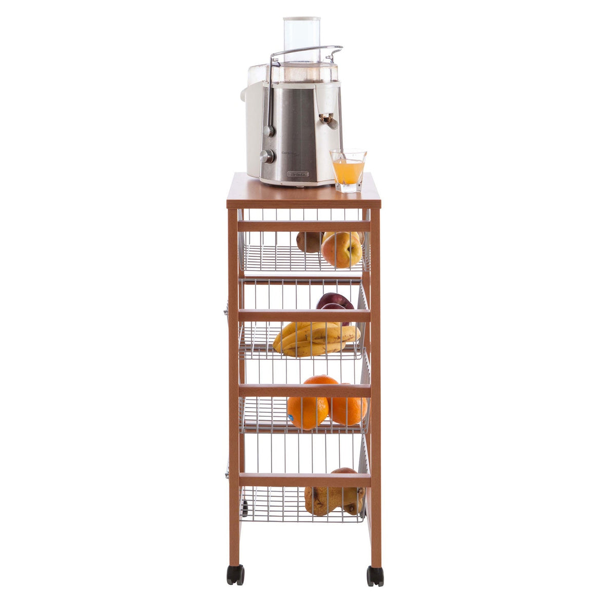 Carrello cucina, carrello cucina legno, 4 cestelli scorrevoli, carrello cucina salvaspazio, ciliegio, GINGERONE