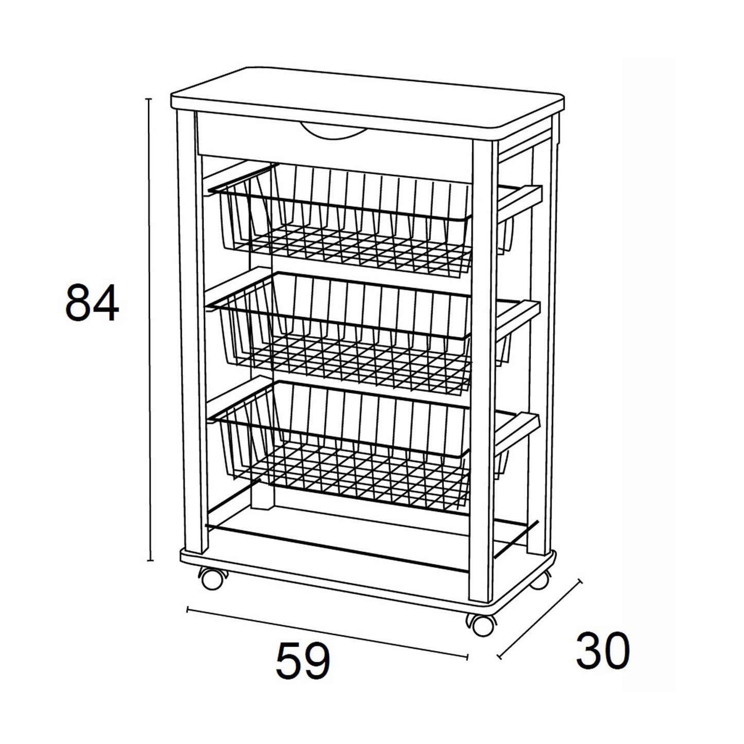 Carrello cucina, carrello cucina legno, carrello cucina salvaspazio, 3 cestini e ampio cassetto, ciliegio, RAIKON - ARIT
