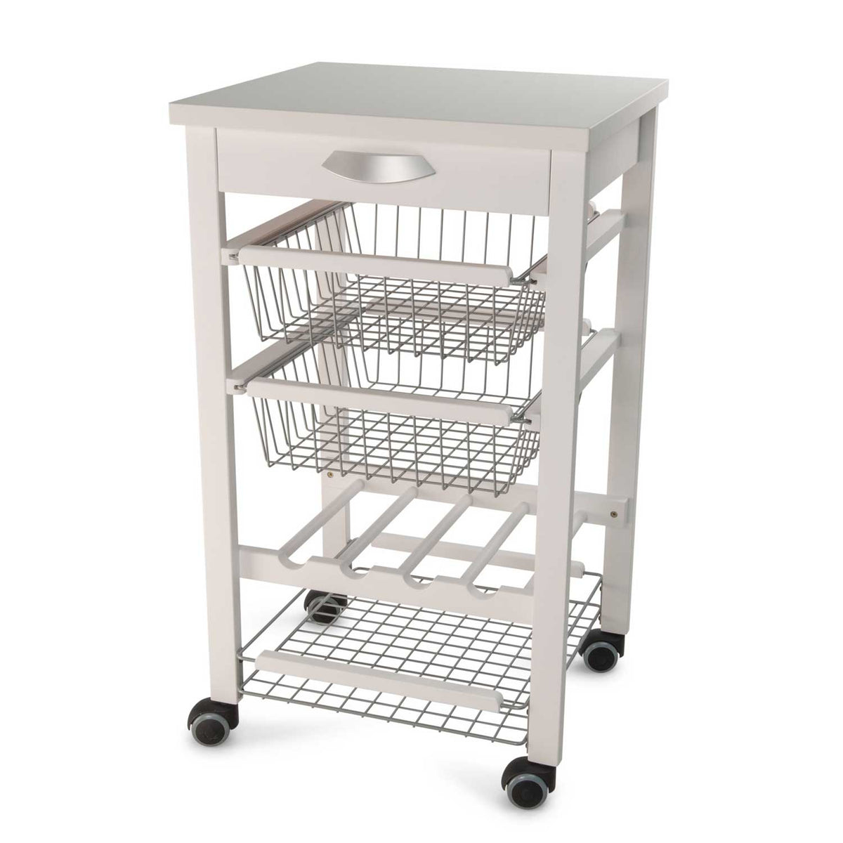 ARIT, Carrello cucina, carrello cucina legno, carello salvaspazio, piano di lavoro, portabottiglie centrale, bianco