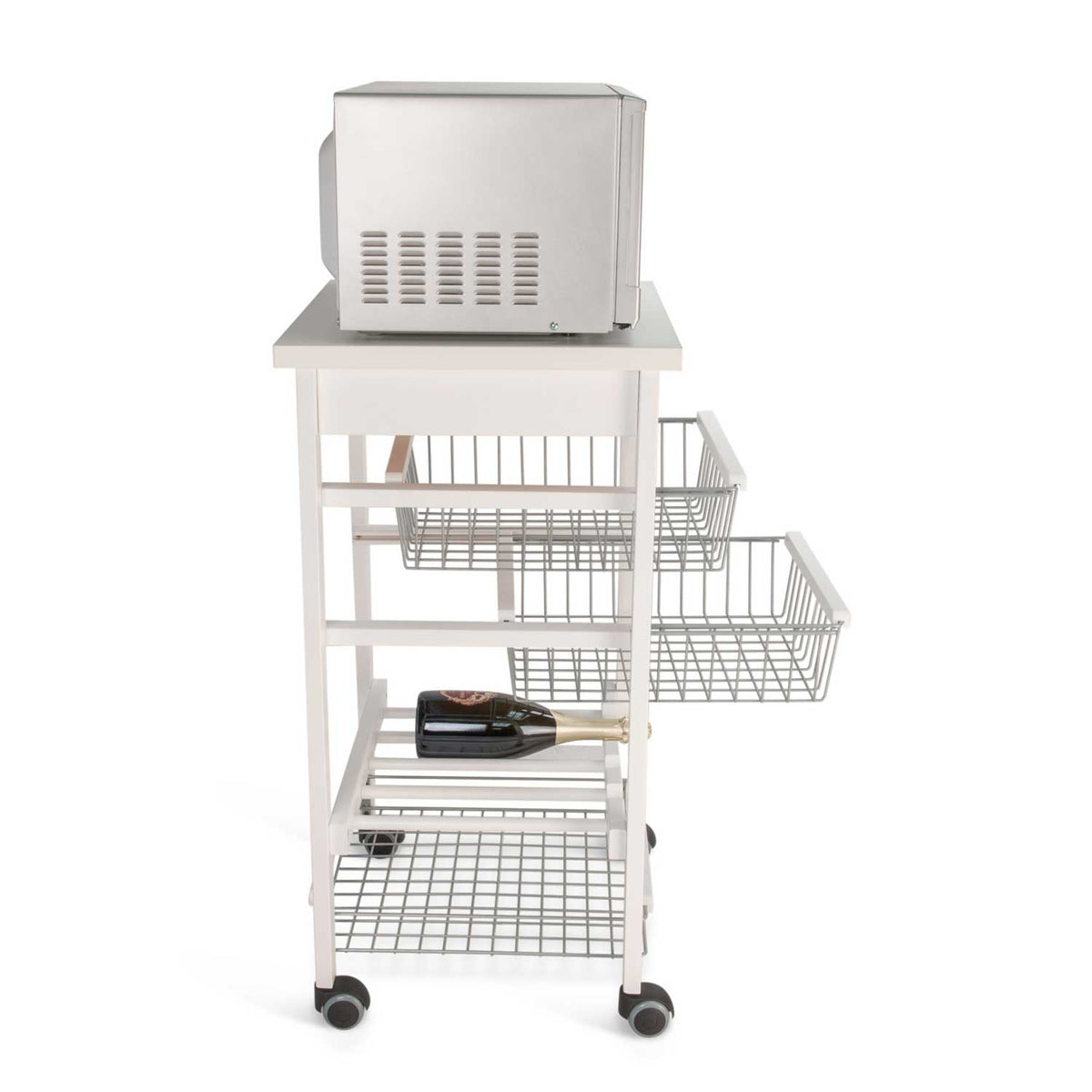 #Carrello cucina, carrello cucina legno, carello salvaspazio, piano di lavoro, portabottiglie centrale, bianco, ARTURO