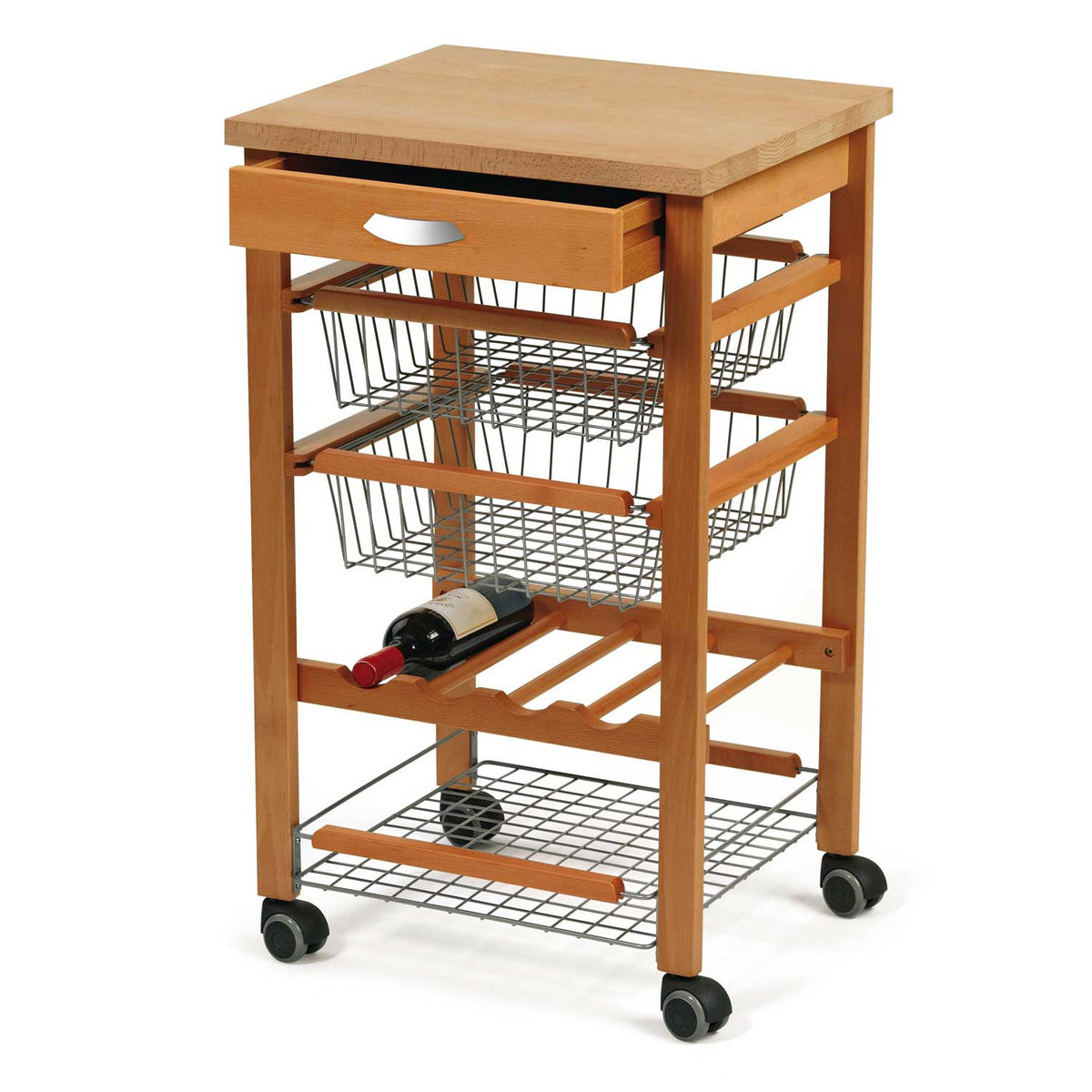 ARTURO, Carrello cucina, carrello cucina legno, carello salvaspazio, piano di lavoro, portabottiglie centrale, ciliegio