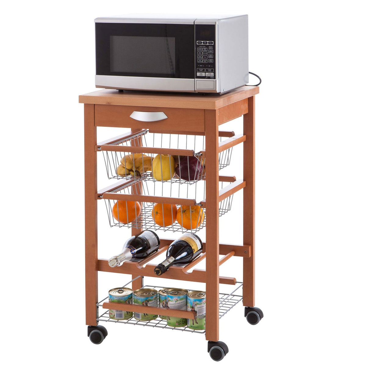 ARIT, Carrello cucina, carrello cucina legno, carello salvaspazio, piano di lavoro, portabottiglie centrale, ciliegio