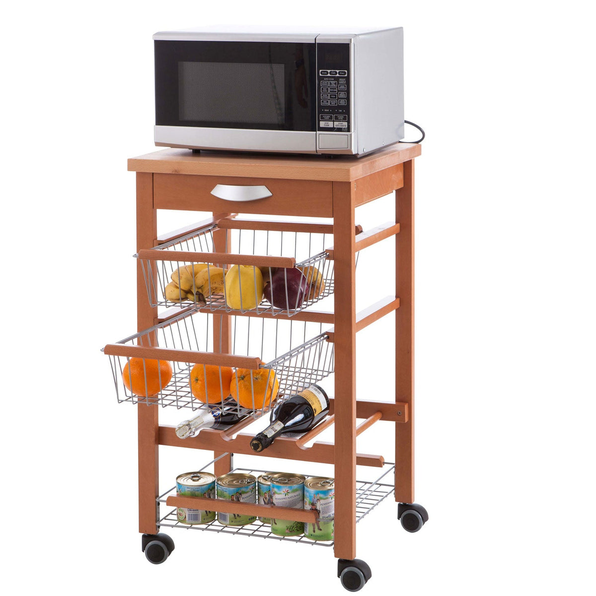 Carrello cucina, carrello cucina legno, carello salvaspazio, piano di lavoro, portabottiglie centrale, ciliegio, ARIT