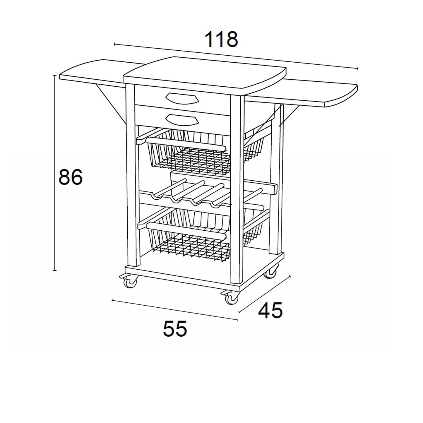 Carrello cucina, Carrello cucina legno, Carello salvaspazio, piano di lavoro, ripiani laterali apribili, SANTIAGO - ARIT
