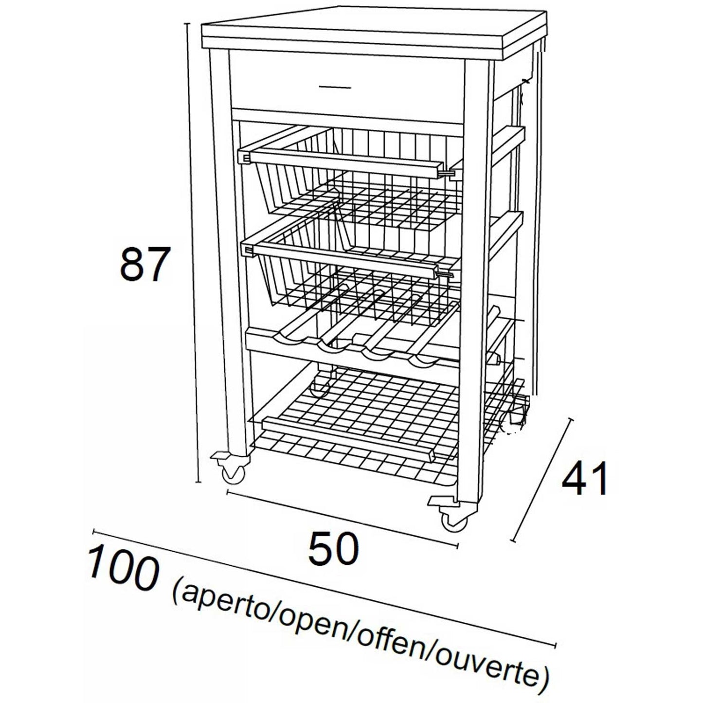 Carrello cucina, Carrello cucina legno, Carello salvaspazio, piano di lavoro apribile, ciliegio, GASTONE - ARIT