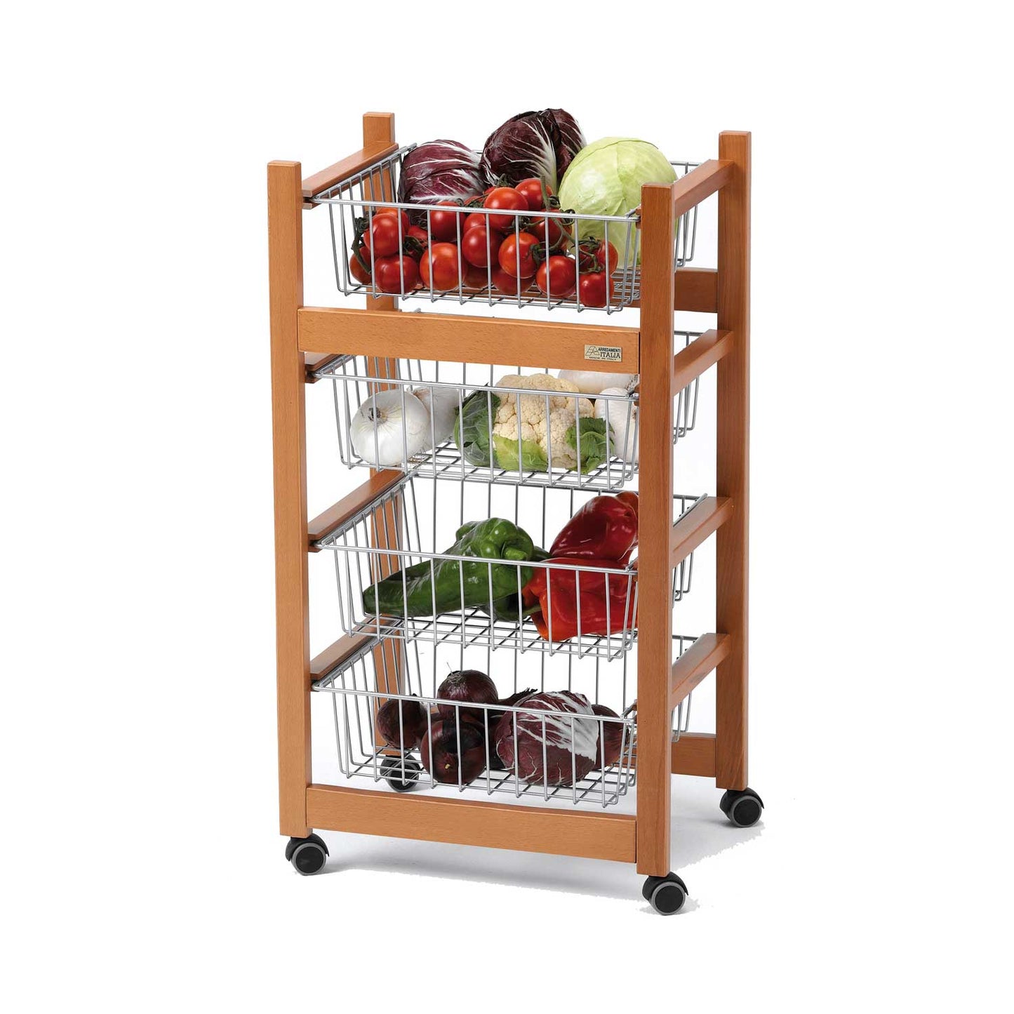 Carrello cucina, carrello cucina legno, con 4 cestini scorrevoli, carrello cucina salvaspazio, ciliegio, ARIT