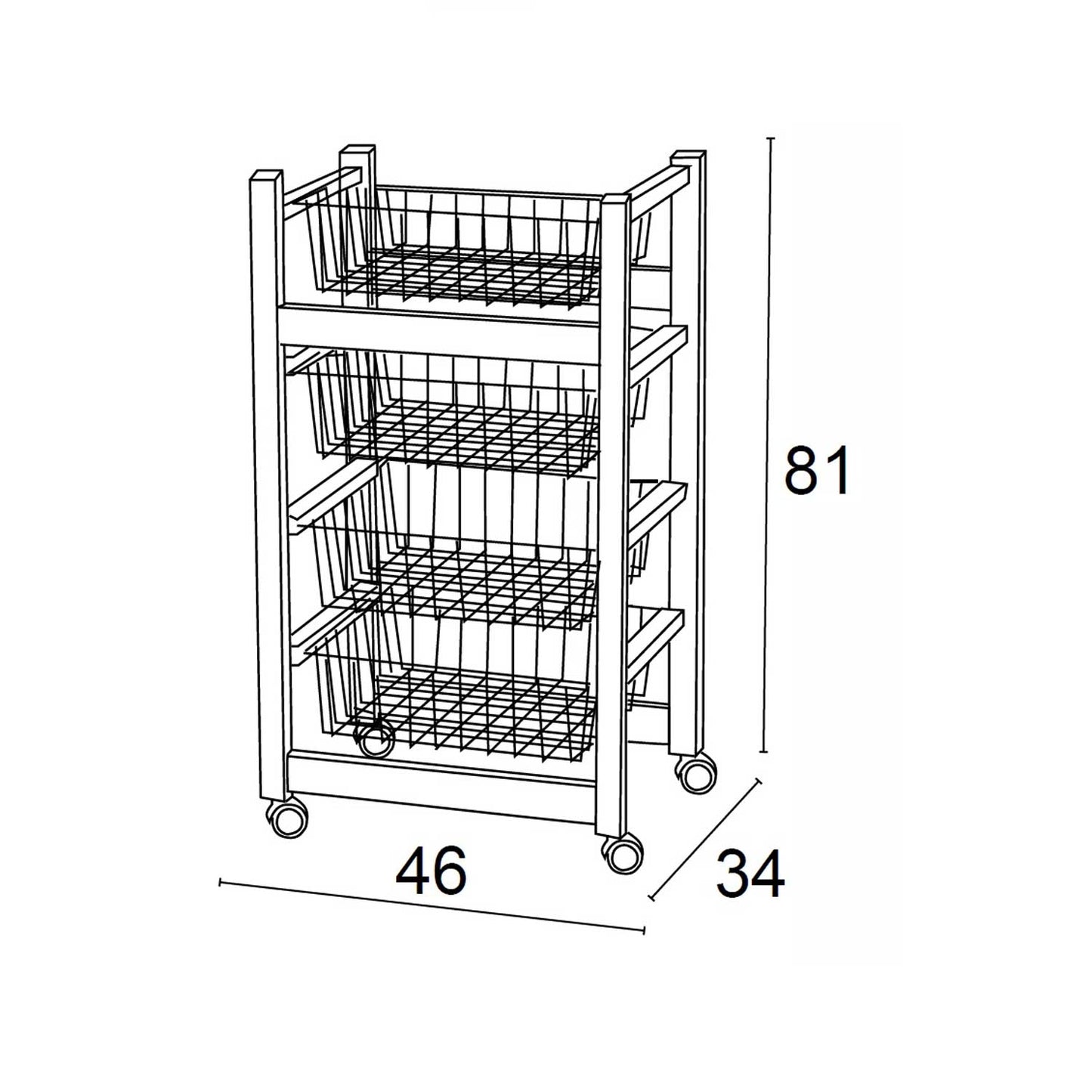 Carrello cucina, carrello cucina legno, con 4 cestini scorrevoli, carrello cucina salvaspazio, ciliegio, GINGER