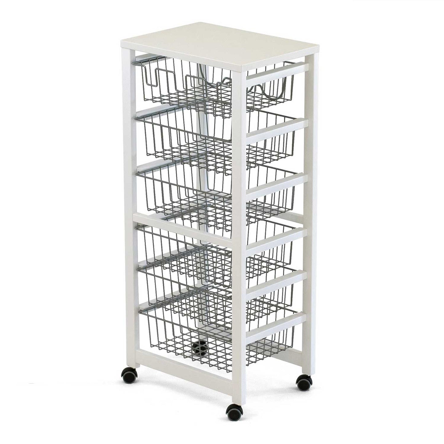 Carrello cucina, carrello cucina legno, piano di lavoro in melamina, 5 cestini, 1 portabottiglie, bianco, GUSTAVO