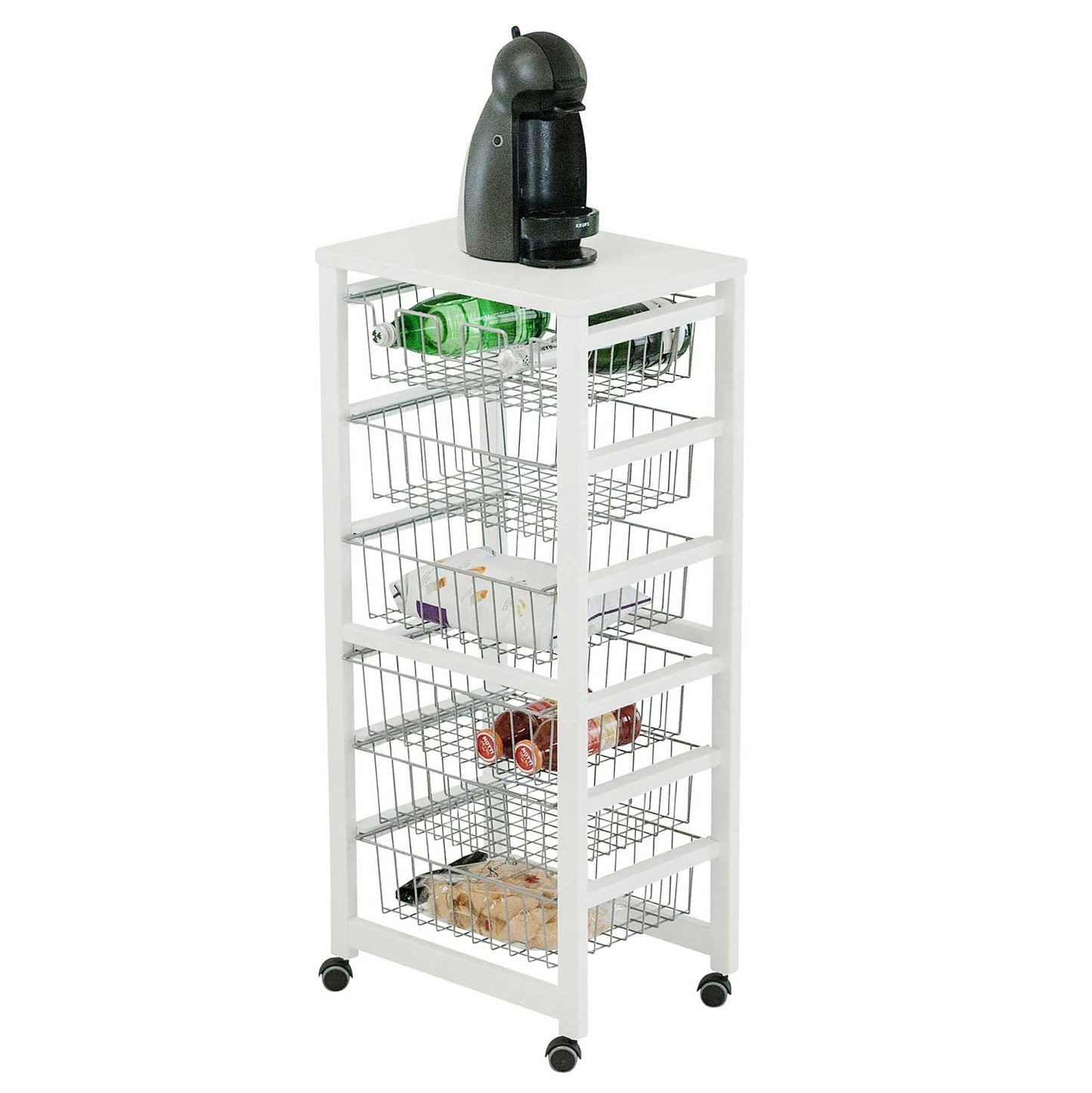ARIT, Carrello cucina, carrello cucina legno, piano di lavoro in melamina, 5 cestini, 1 portabottiglie, bianco