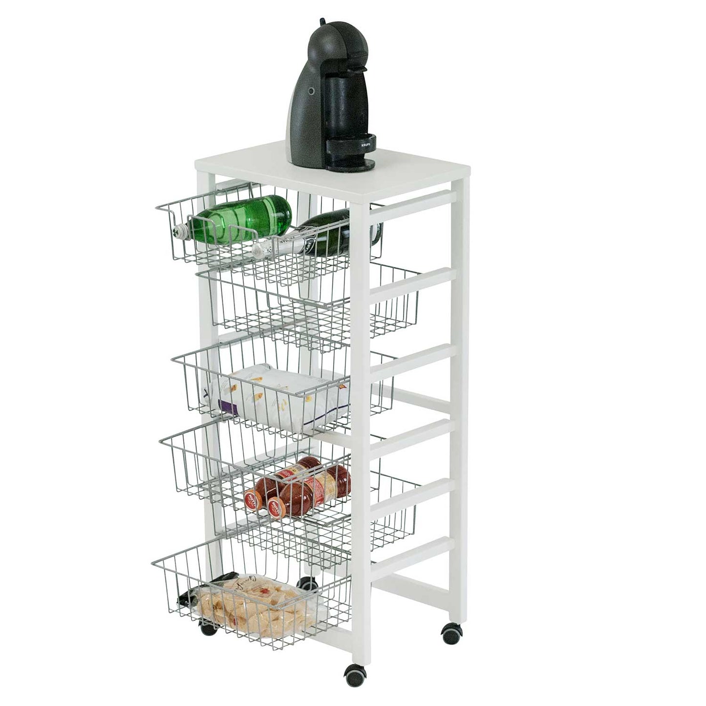 Carrello cucina, carrello cucina legno, piano di lavoro in melamina, 5 cestini, 1 portabottiglie, bianco, ARIT