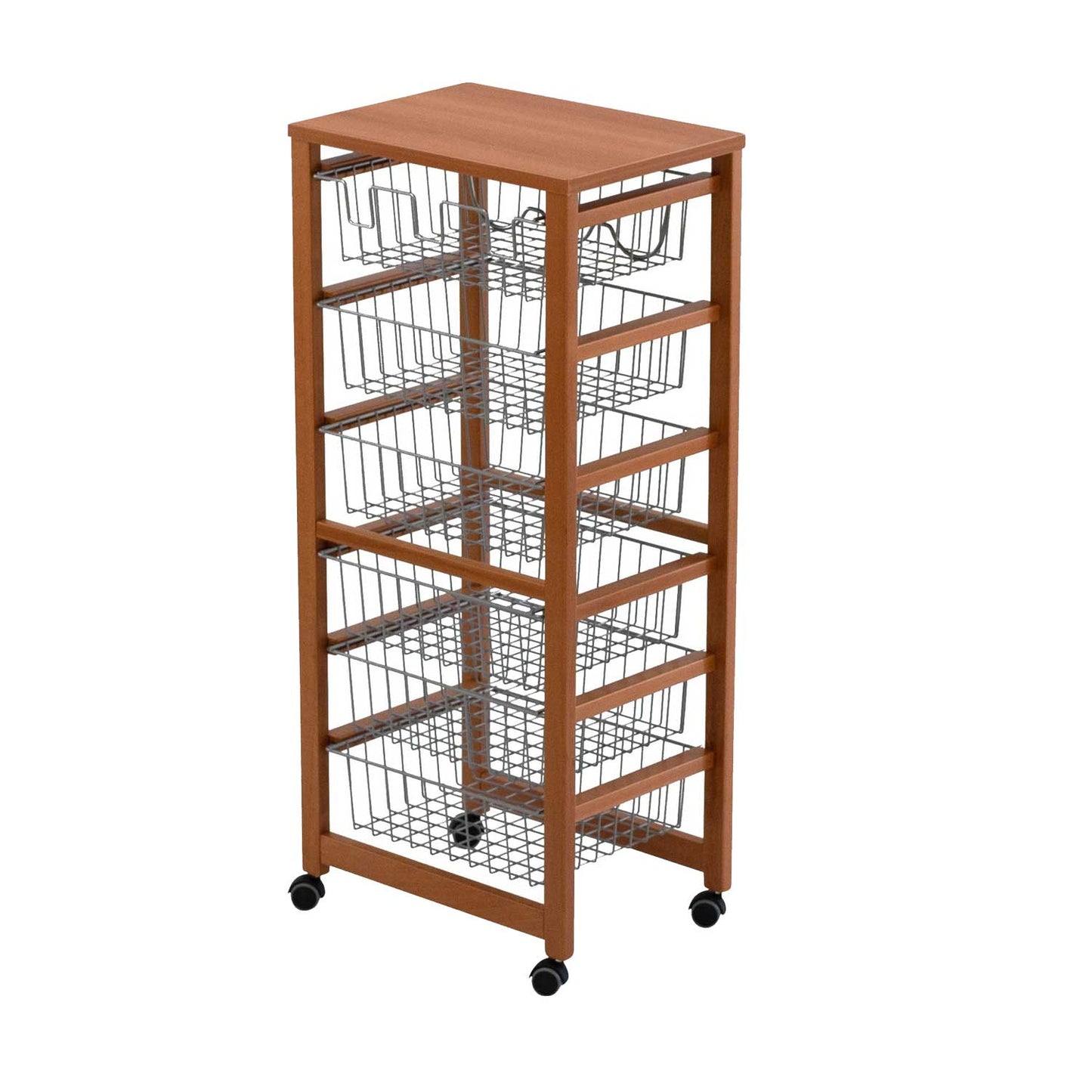 Carrello cucina, Carrello cucina legno, con piano di lavoro, 5 cestini, 1 portabottiglie, ciliegio, GUSTAVO