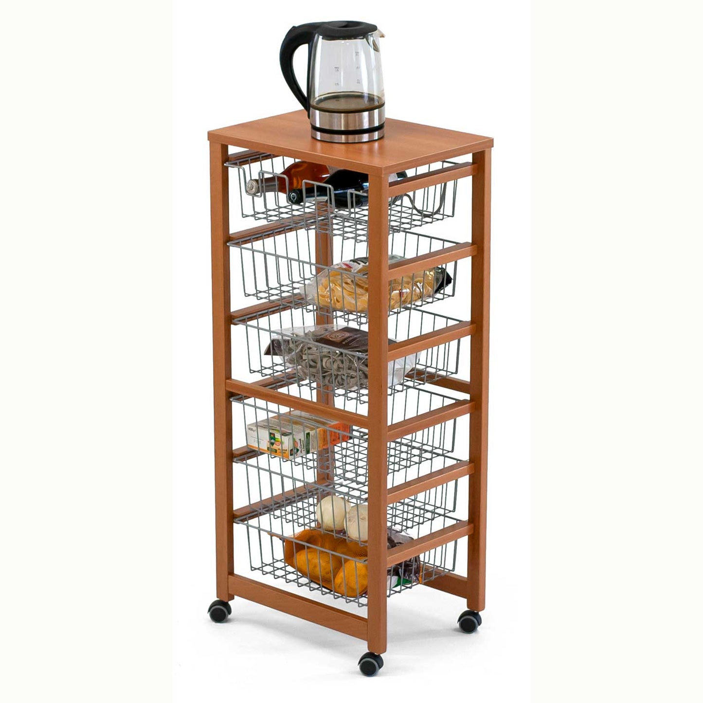 ARIT, Carrello cucina, Carrello cucina legno, con piano di lavoro, 5 cestini, 1 portabottiglie, ciliegio
