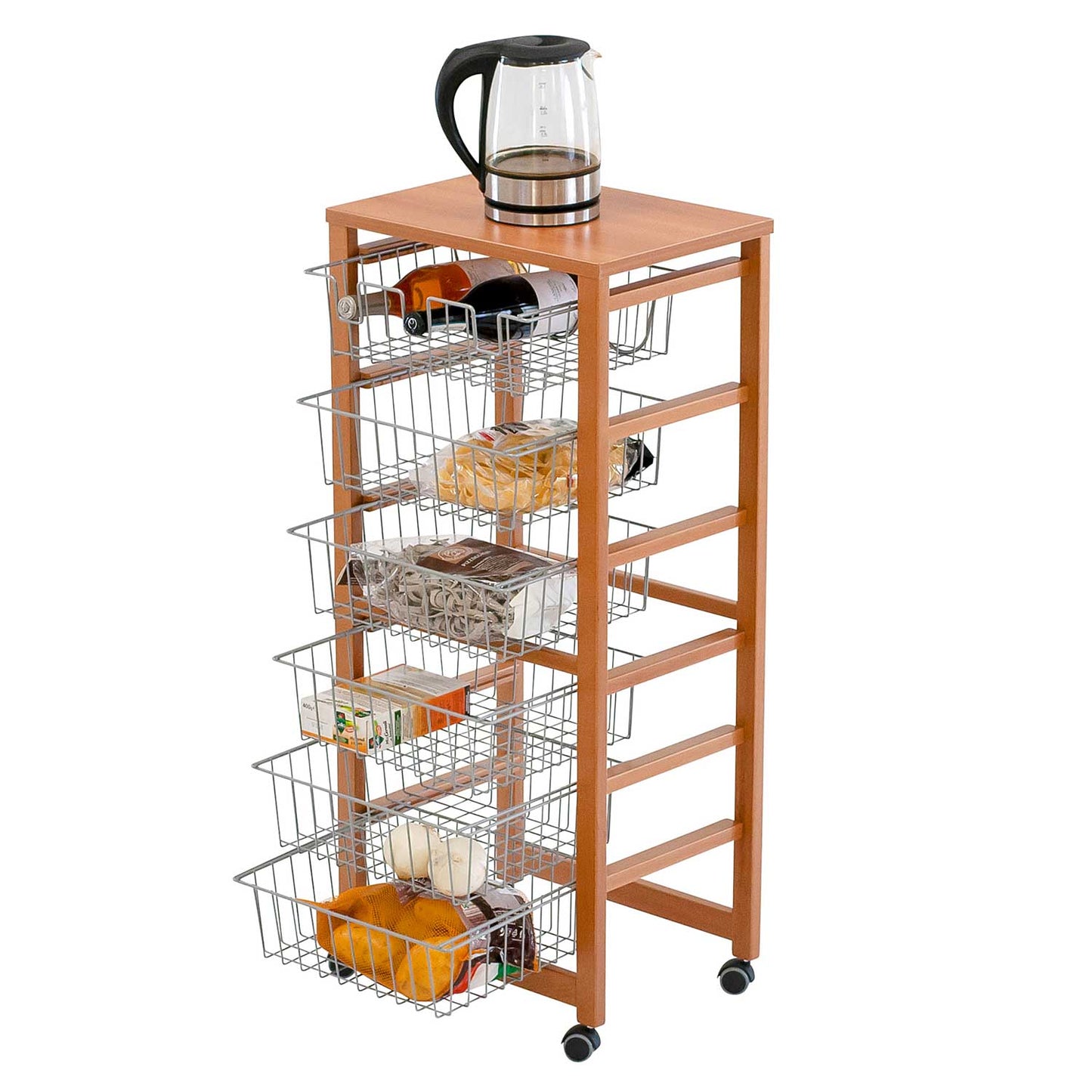 Carrello cucina, Carrello cucina legno, con piano di lavoro, 5 cestini, 1 portabottiglie, ciliegio, ARIT
