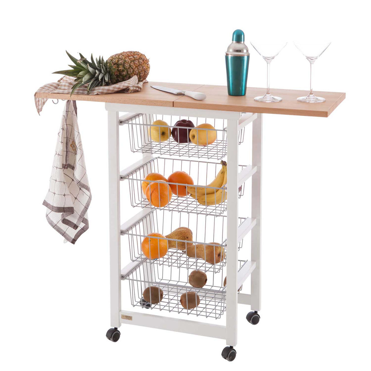 Carrello cucina, carrello cucina legno, carello salvaspazio, con piano di lavoro apribile, bianco, GASTONCINO