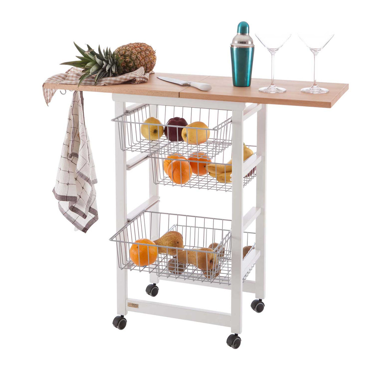 Carrello cucina, carrello cucina legno, carello salvaspazio, con piano di lavoro apribile, bianco, ARIT