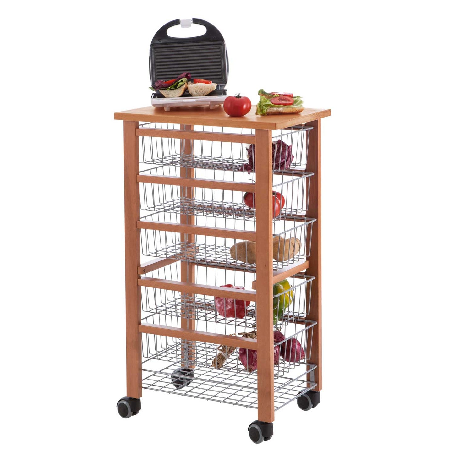 Carrello cucina, carrello cucina legno, piano di lavoro, 5 cestelli scorrevoli, carrello cucina salvaspazio, ciliegio, OLIVER