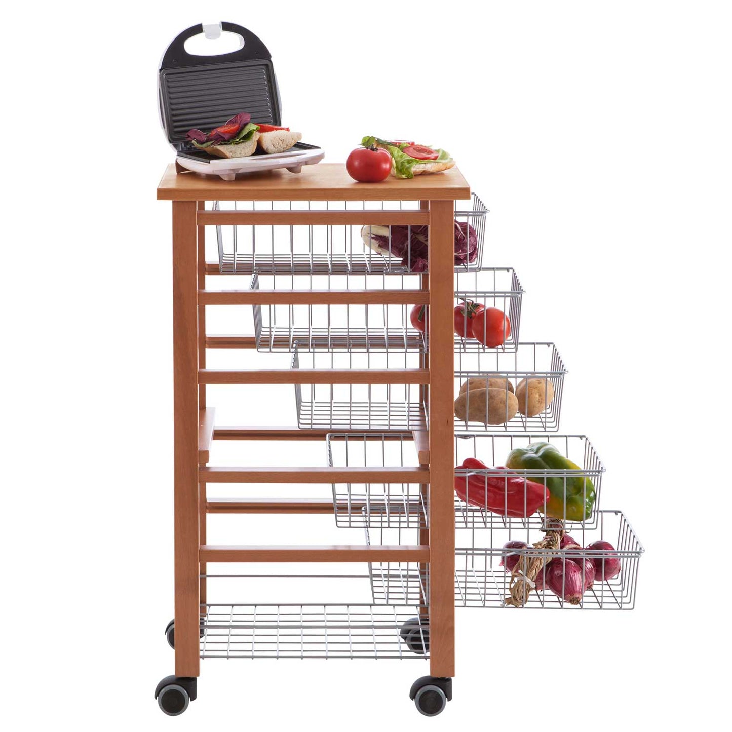 ARIT, Carrello cucina, carrello cucina legno, piano di lavoro, 5 cestelli scorrevoli, carrello cucina salvaspazio, ciliegio