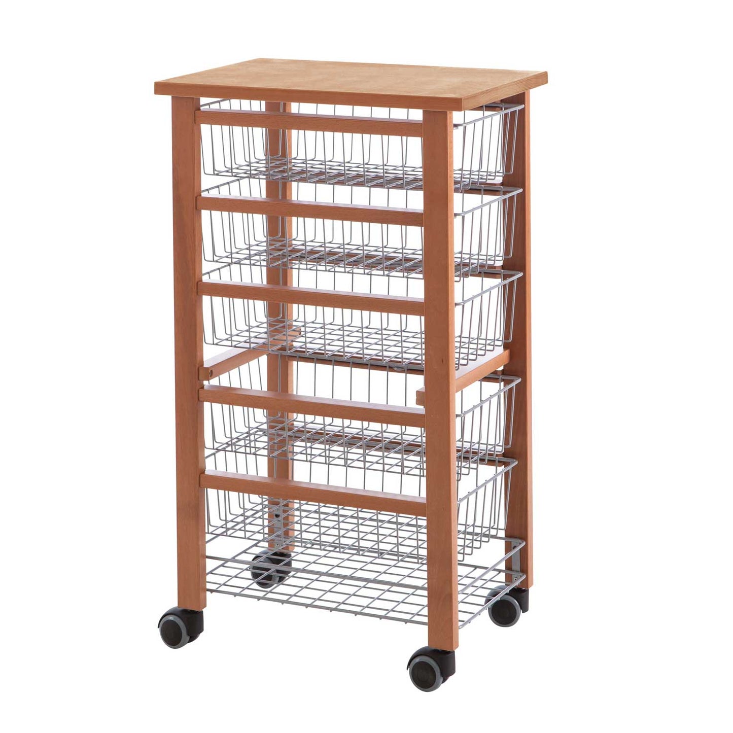 OLIVER, Carrello cucina, carrello cucina legno, piano di lavoro, 5 cestelli scorrevoli, carrello cucina salvaspazio, ciliegio