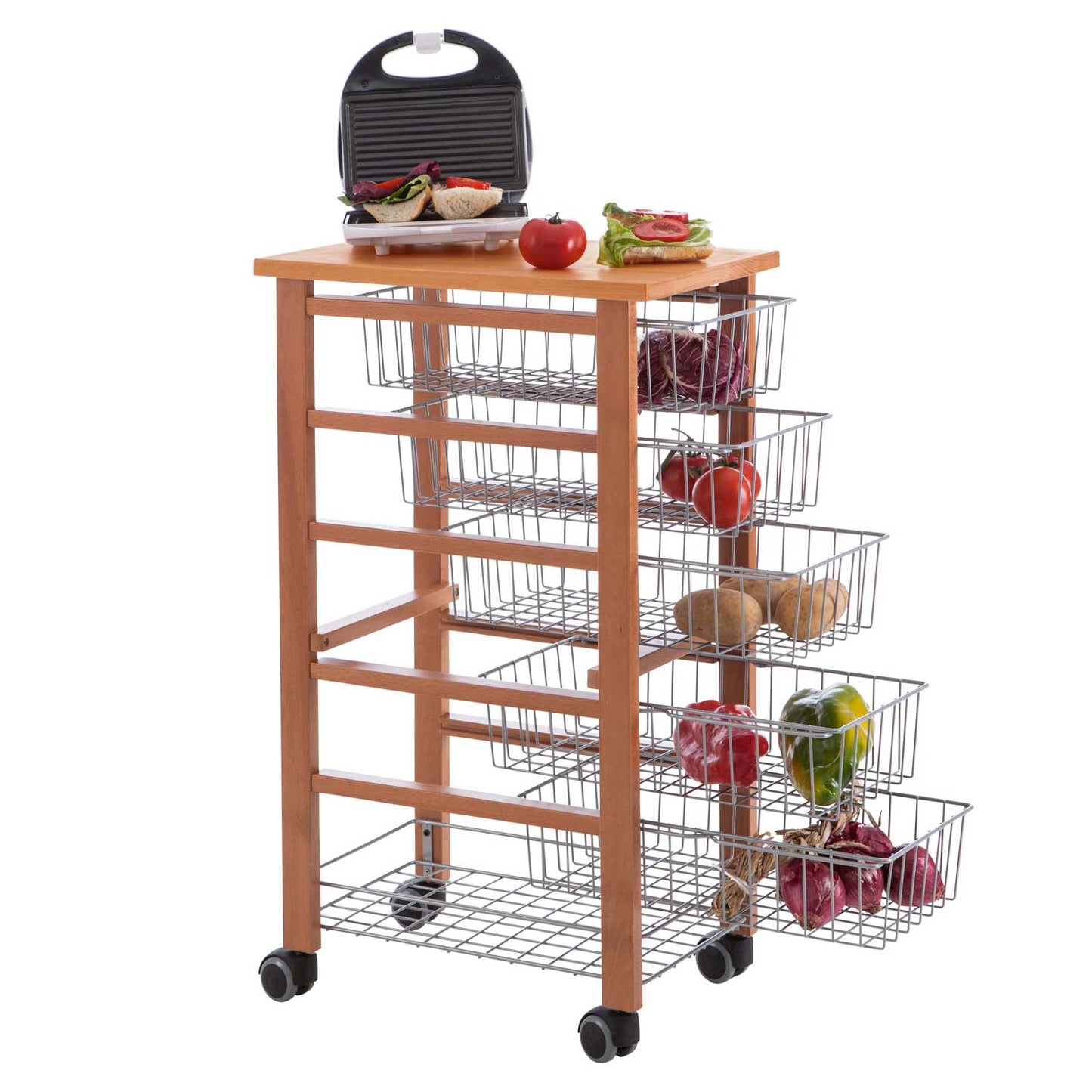 Carrello cucina, carrello cucina legno, piano di lavoro, 5 cestelli scorrevoli, carrello cucina salvaspazio, ciliegio, ARIT
