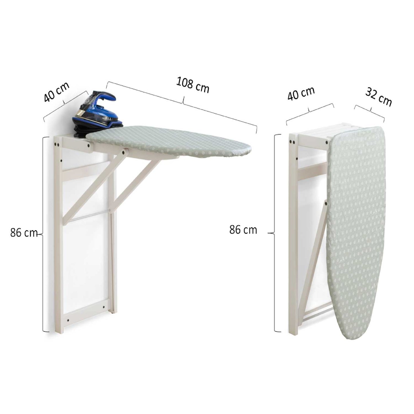 Asse da stiro a muro, facile da applicare con i tasselli inclusi, piano di lavoro: 86 x 38 cm - Colore bianco, ARIT, 6