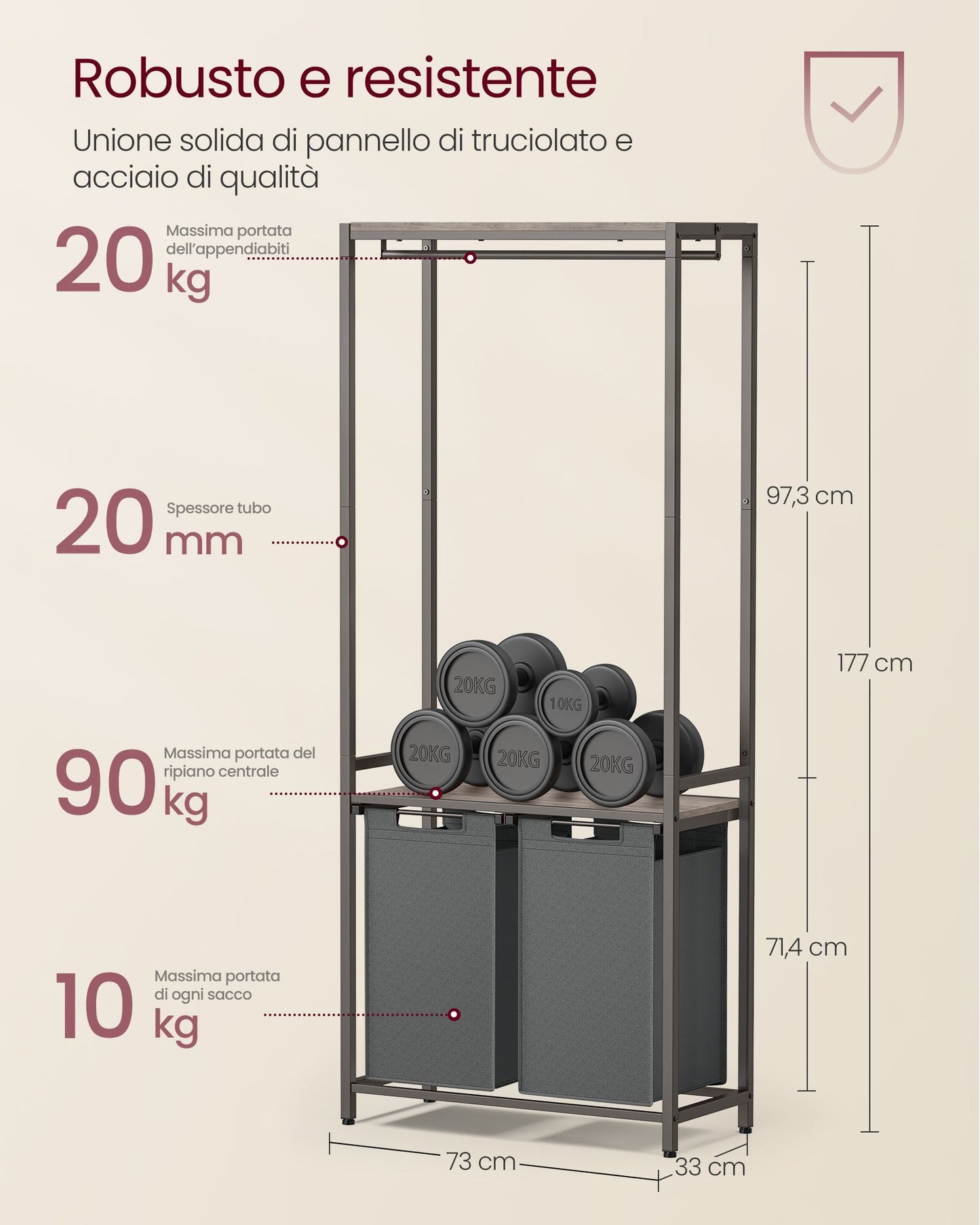 Vasagle, Mobile Portabiancheria, Mobiletto Portabiancheria, Portabiancheria Sporca, 2 Ripiani, Barra, 2 Sacchi, 4
