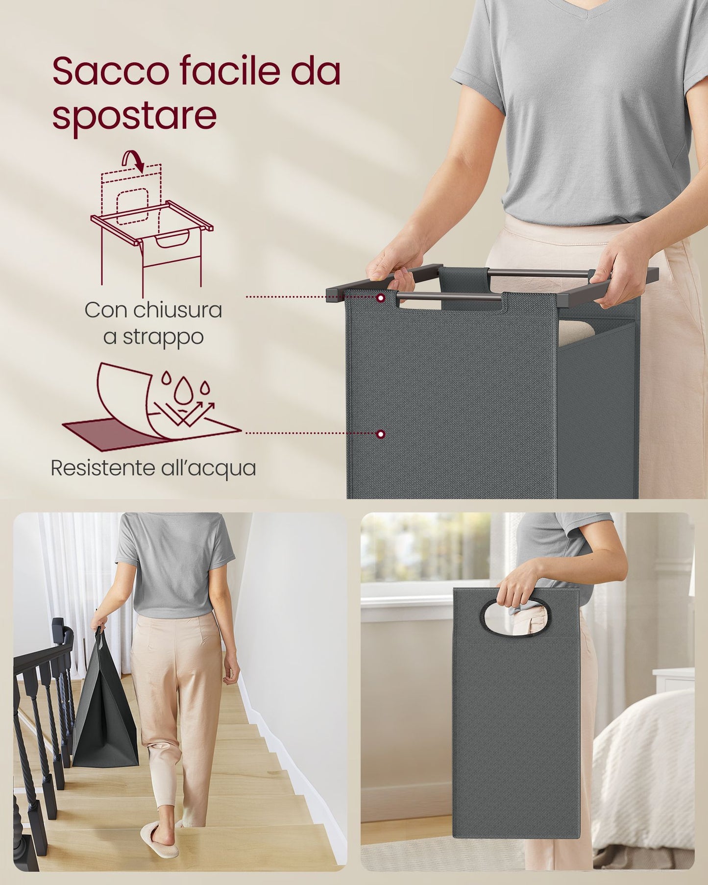 Vasagle, Mobile Portabiancheria, Mobiletto Portabiancheria, Portabiancheria Sporca, 2 Ripiani, Barra, 2 Sacchi, 2