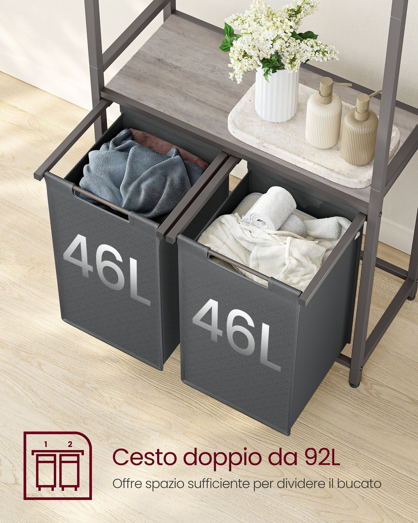 Vasagle, Portabiancheria, Cesto biancheria Doppio, Porta Biancheria, Barra, Piano, 2 Sacchi, Mobiletto Portabiancheria, 3