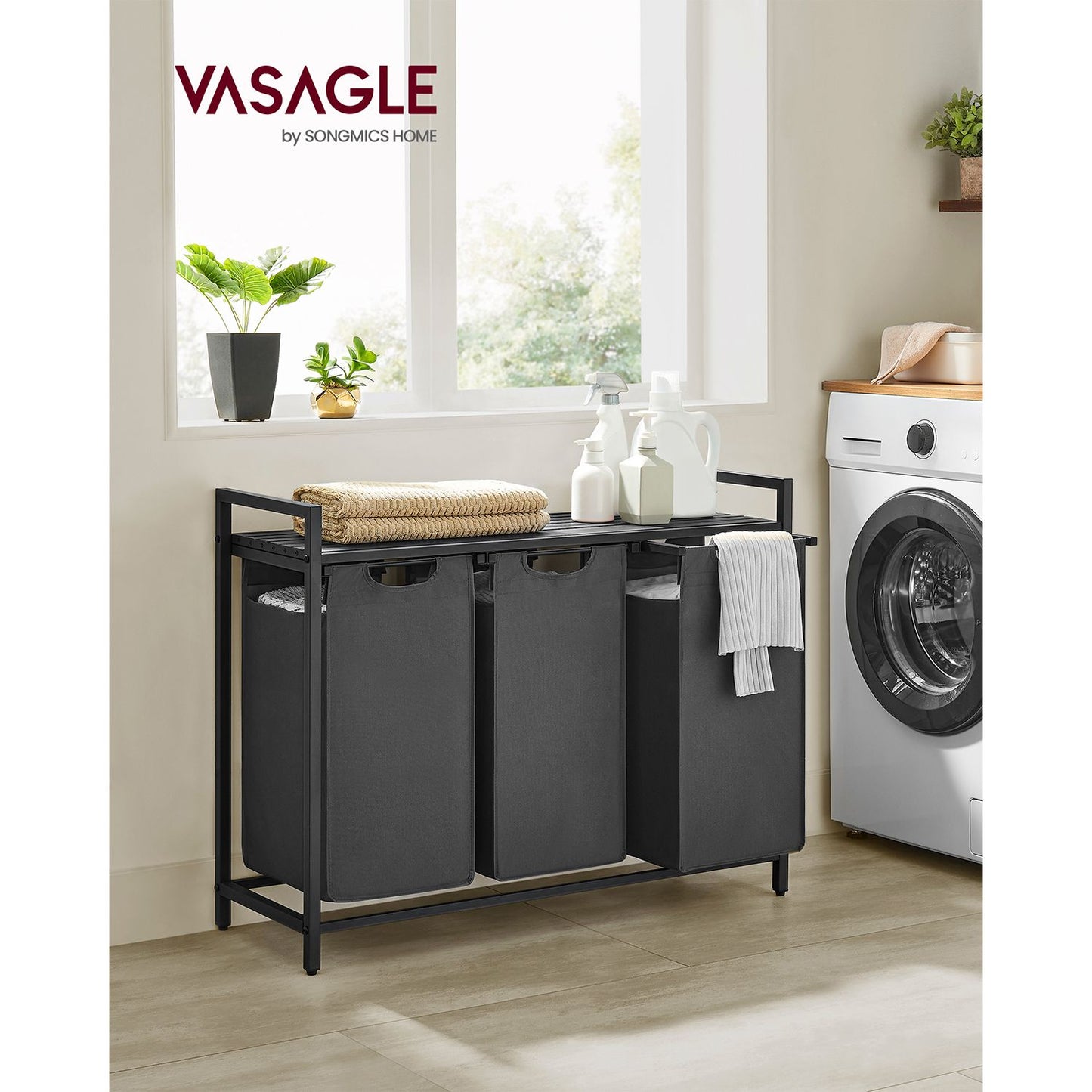 Vasagle, Mobiletto Portabiancheria, 3 Sacchi, Piano d'appoggio, Metallo, Mobile Portabiancheria, Portabiancheria, 7
