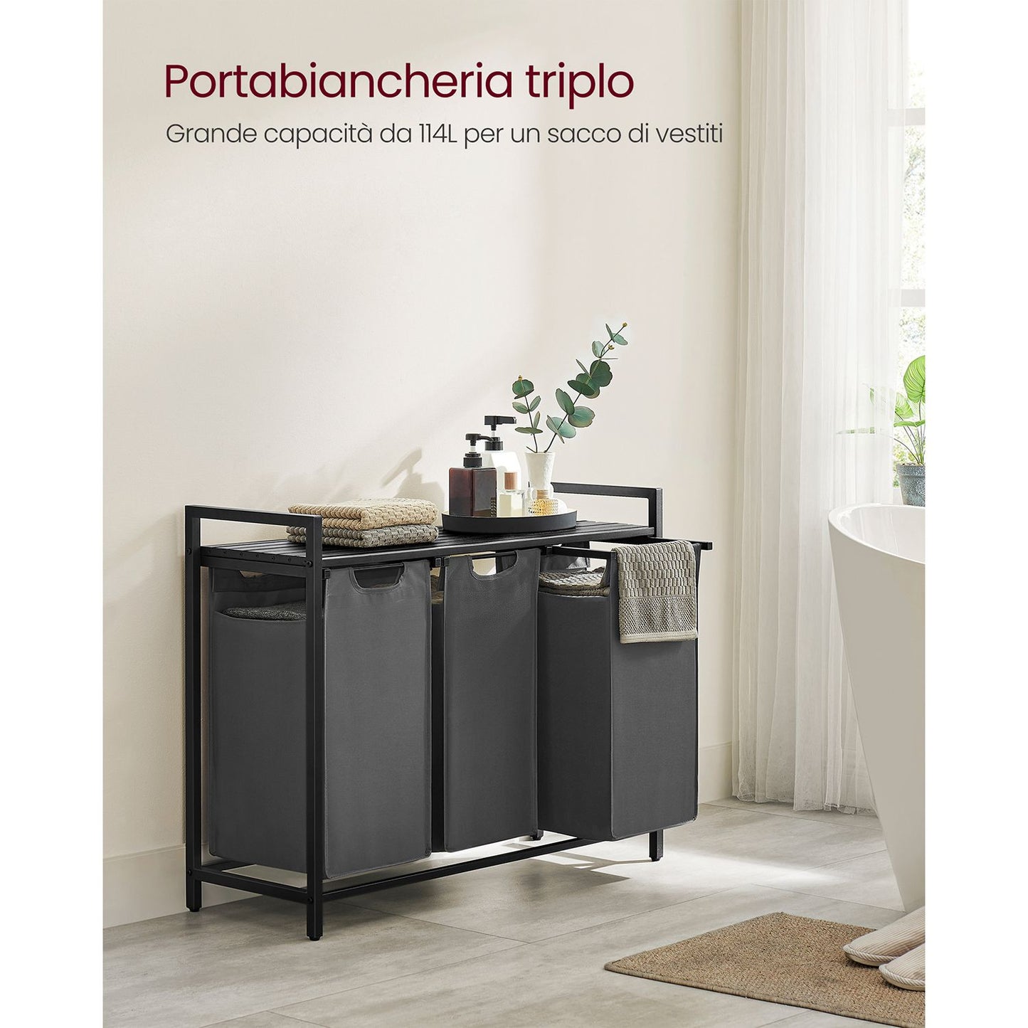 Vasagle, Mobiletto Portabiancheria, 3 Sacchi, Piano d'appoggio, Metallo, Mobile Portabiancheria, Portabiancheria, 3