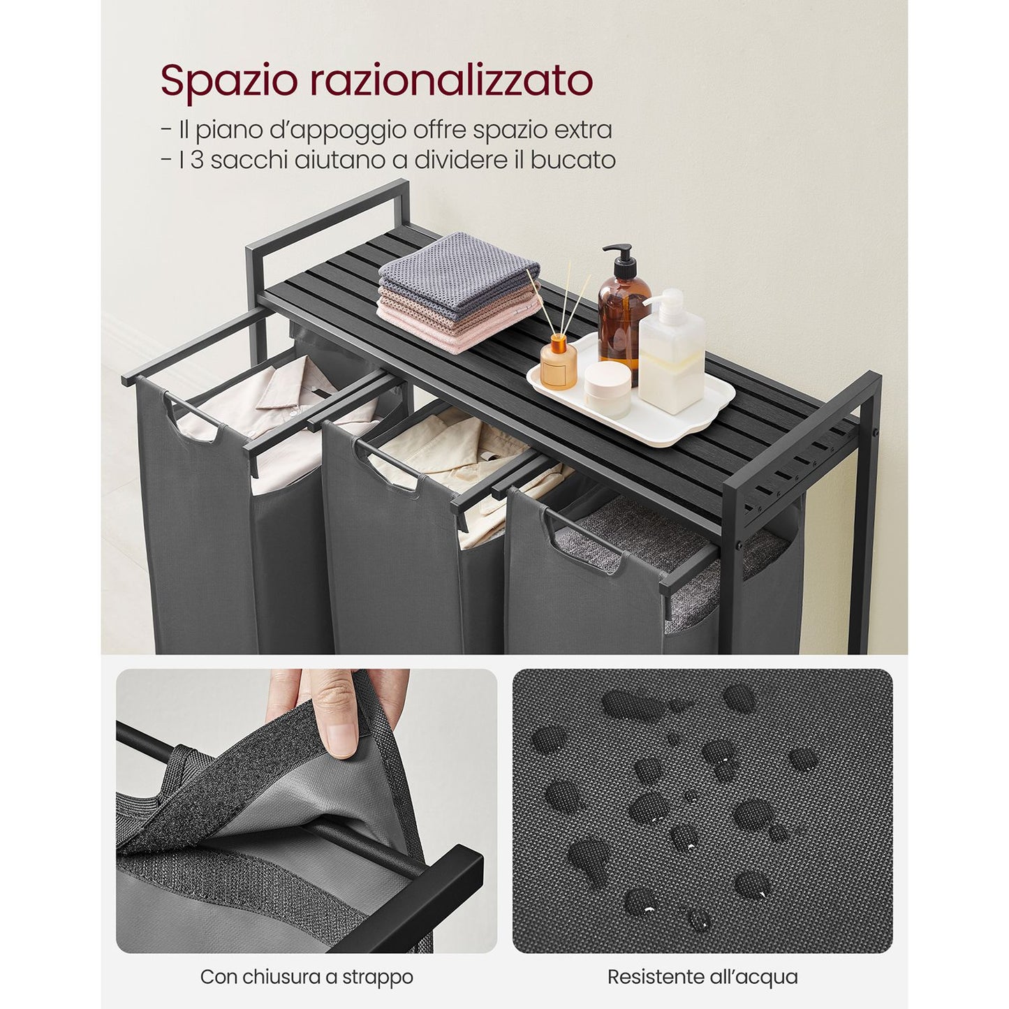 Vasagle, Mobiletto Portabiancheria, 3 Sacchi, Piano d'appoggio, Metallo, Mobile Portabiancheria, Portabiancheria, 1