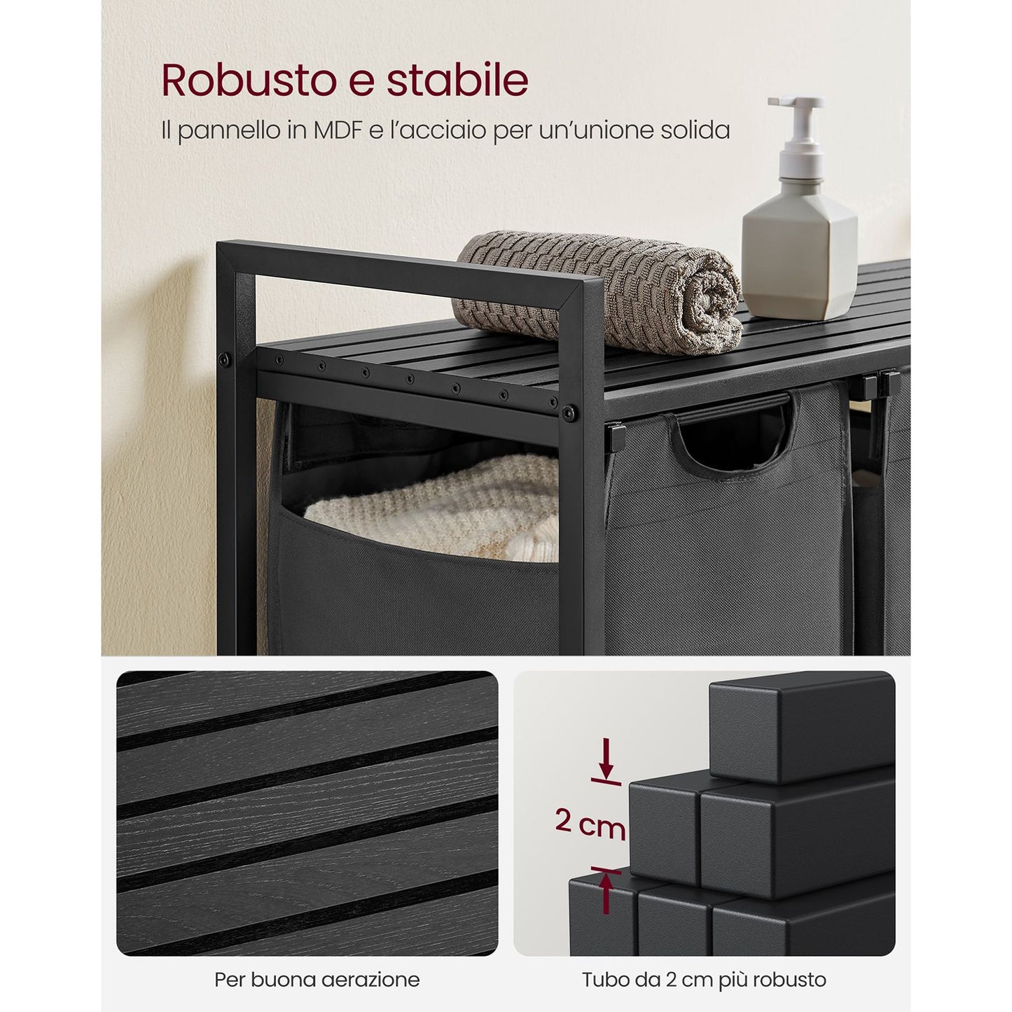 Vasagle, Mobiletto Portabiancheria, 3 Sacchi, Piano d'appoggio, Metallo, Mobile Portabiancheria, Portabiancheria, 2