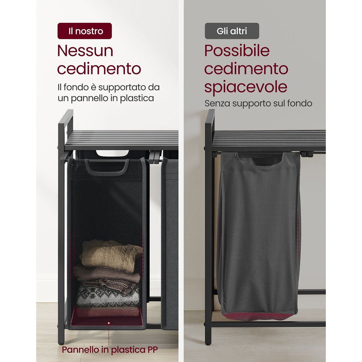 Vasagle, Mobiletto Portabiancheria, 3 Sacchi, Piano d'appoggio, Metallo, Mobile Portabiancheria, Portabiancheria, 4