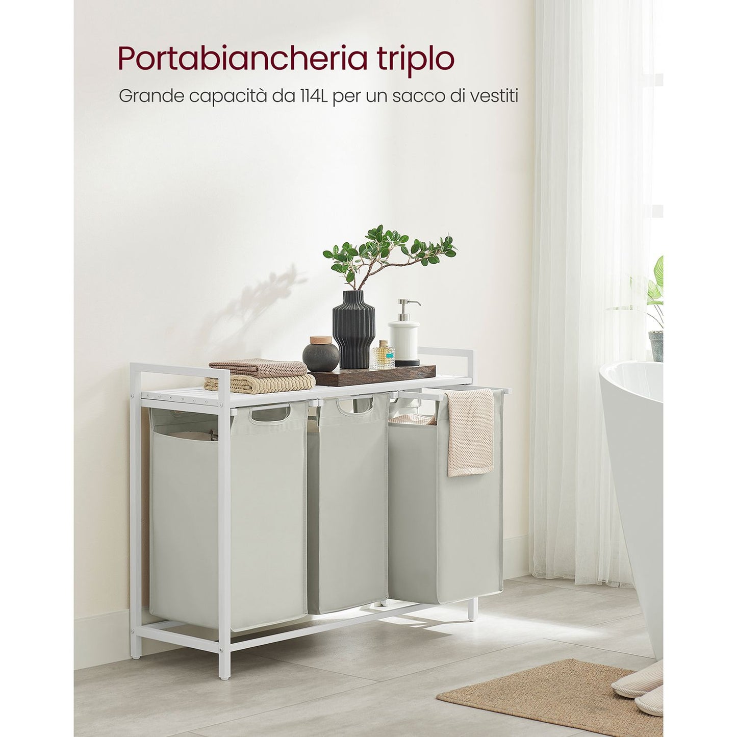 Vasagle, Portabiancheria Salvaspazio, Porta Biancheria, 3 Sacchi, Mobiletto Portabiancheria, Portabiancheria Salvaspazio, 1