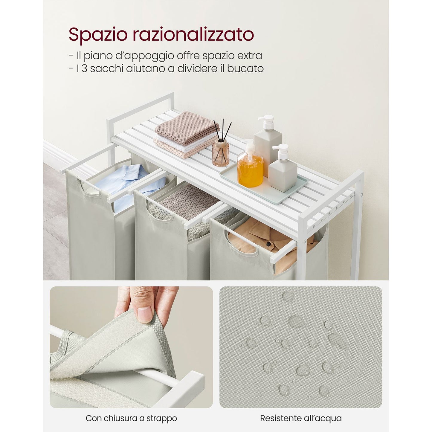 Vasagle, Portabiancheria Salvaspazio, Porta Biancheria, 3 Sacchi, Mobiletto Portabiancheria, Portabiancheria Salvaspazio