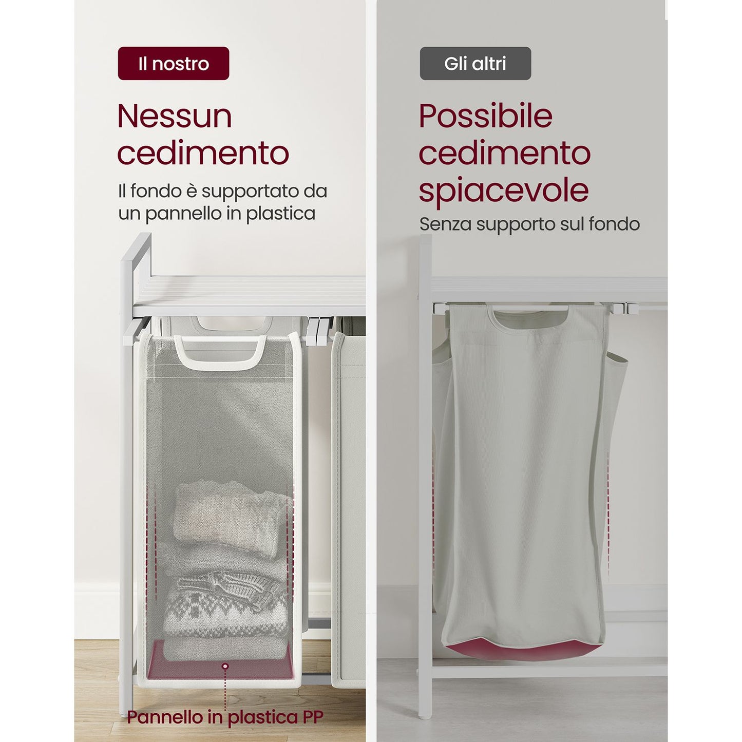 Vasagle, Portabiancheria Salvaspazio, Porta Biancheria, 3 Sacchi, Mobiletto Portabiancheria, Portabiancheria Salvaspazio, 5