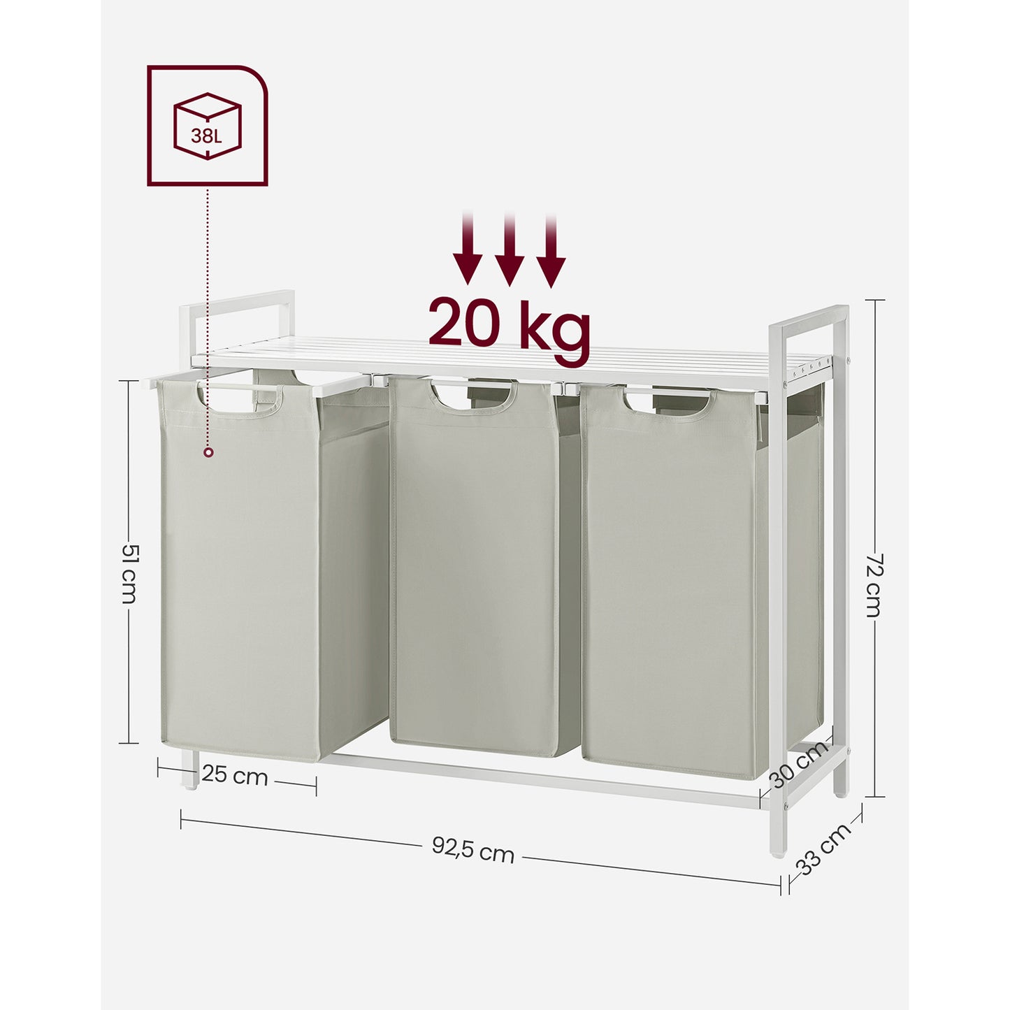 Vasagle, Portabiancheria Salvaspazio, Porta Biancheria, 3 Sacchi, Mobiletto Portabiancheria, Portabiancheria Salvaspazio, 6