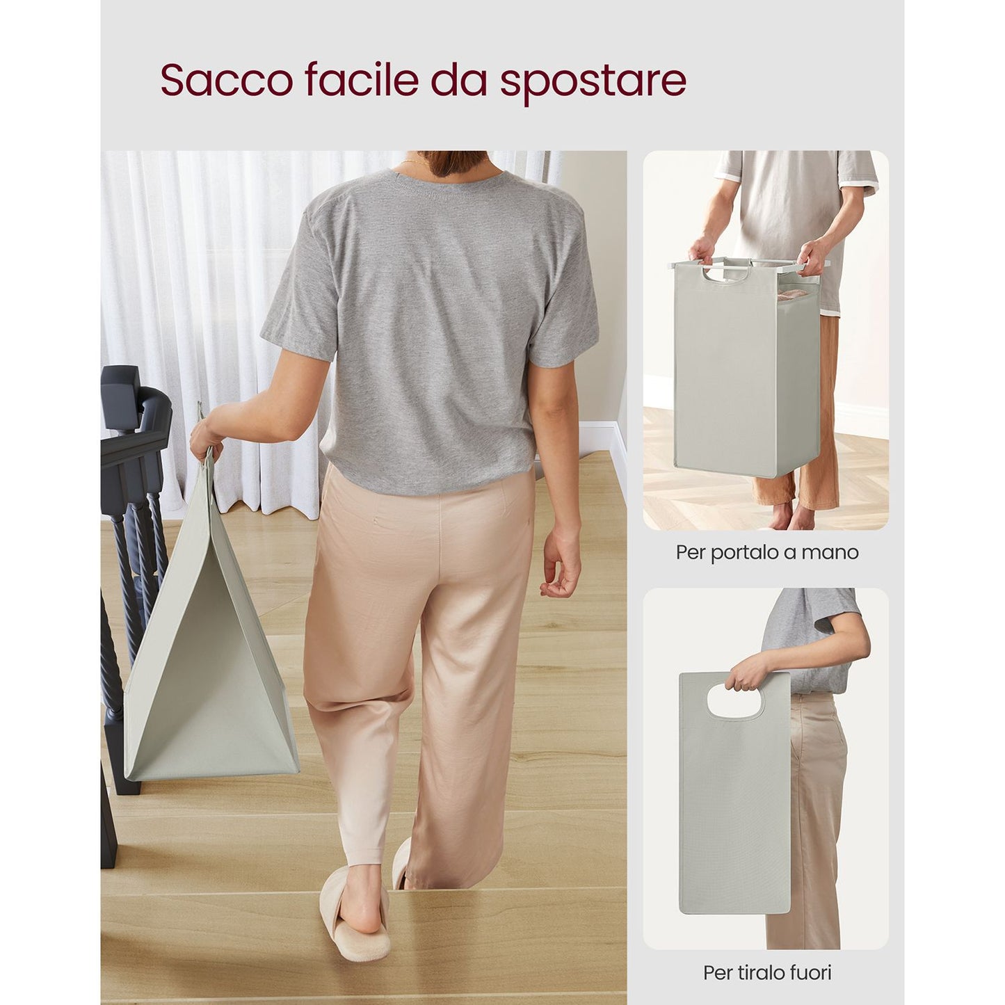 Vasagle, Portabiancheria Salvaspazio, Porta Biancheria, 3 Sacchi, Mobiletto Portabiancheria, Portabiancheria Salvaspazio, 3