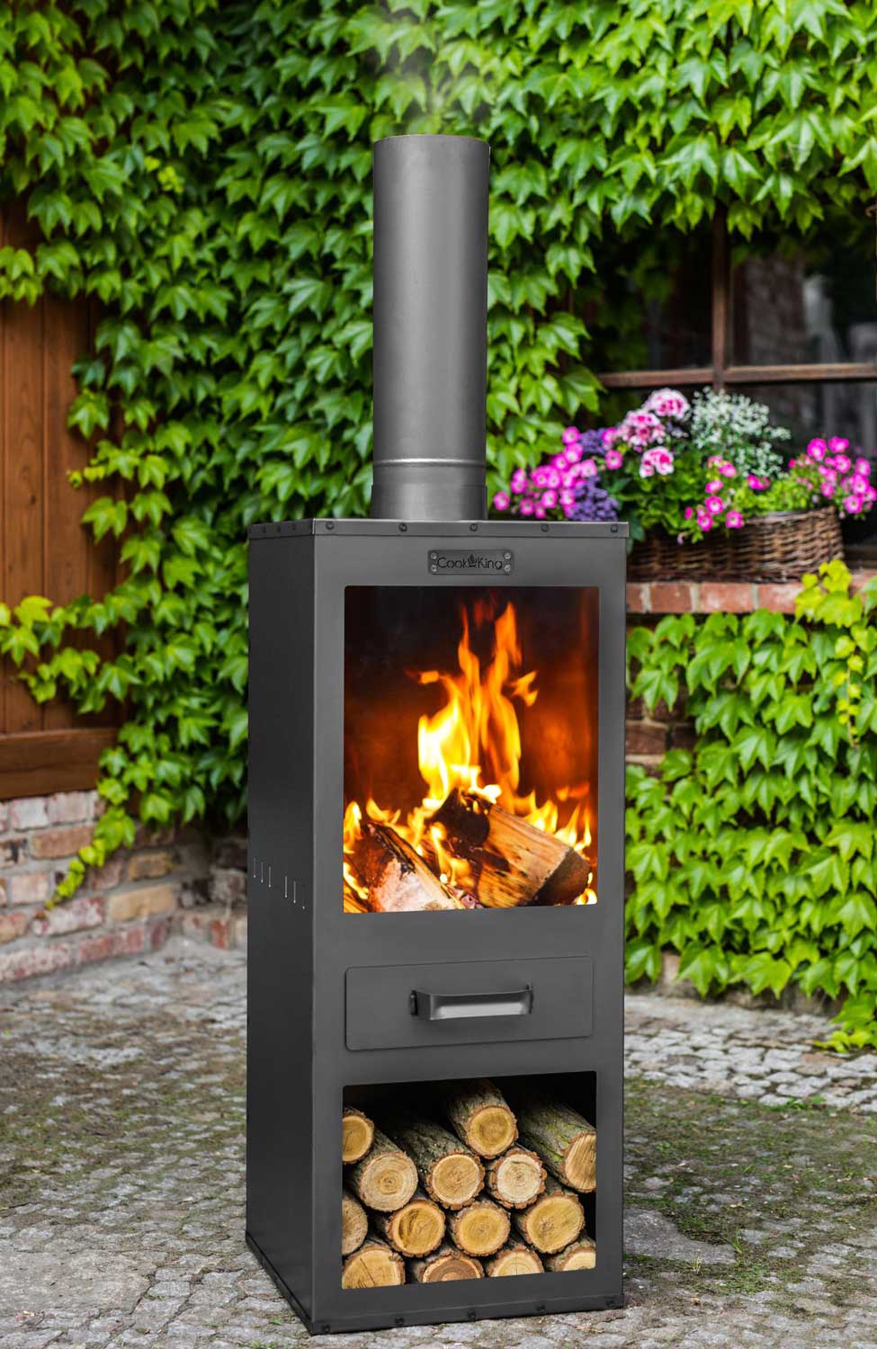 Camino esterno, Finitura di qualità, made in Europe. Camino giardino, in robusta lamiera, Camino barbecue «ROSA»