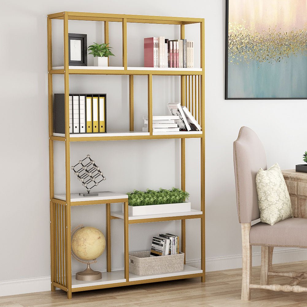 Tribesigns, etagere libreria a 7 ripiani aperti con struttura in metallo dorato